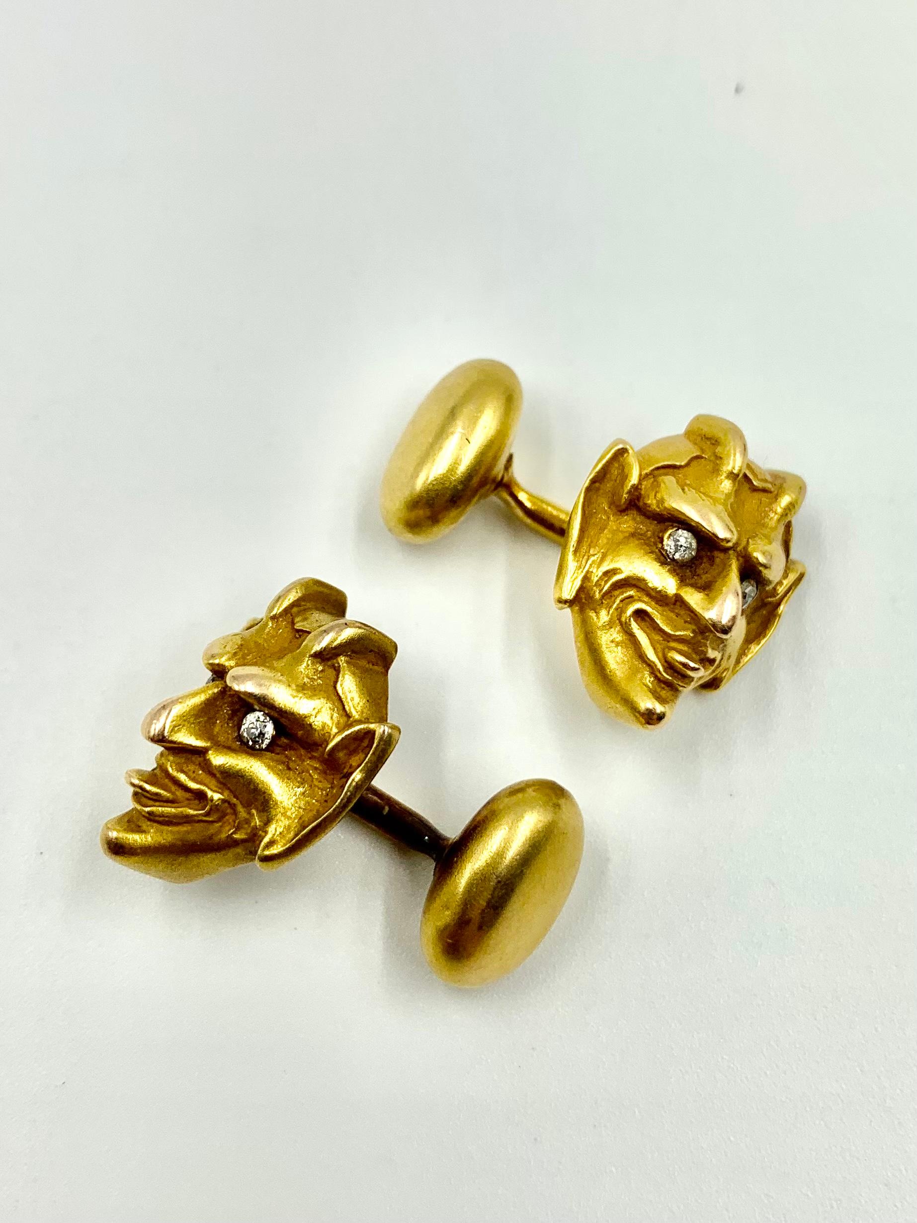 Women's or Men's Antique Mocking Tongue Devil Diamond 14K Yellow Gold Cufflinks