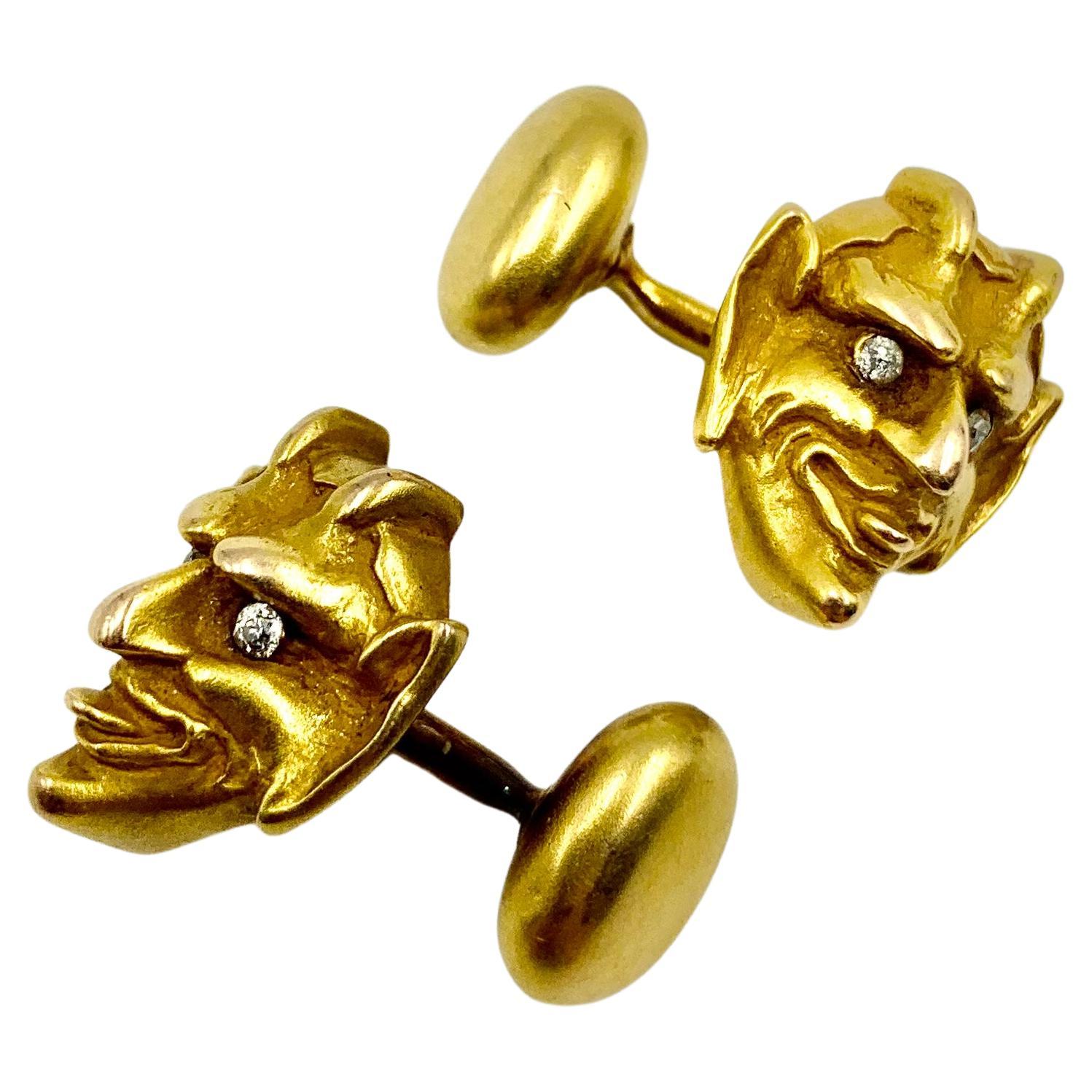Antique Mocking Tongue Devil Diamond 14K Yellow Gold Cufflinks