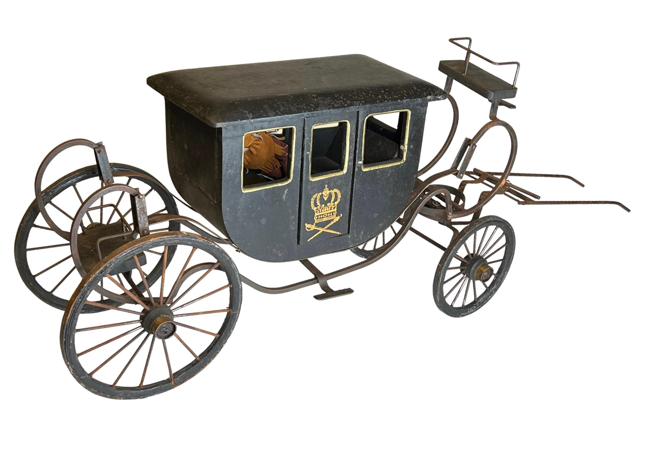 Antique mid century model of a wooden and metal horse carriage in 18th century style.