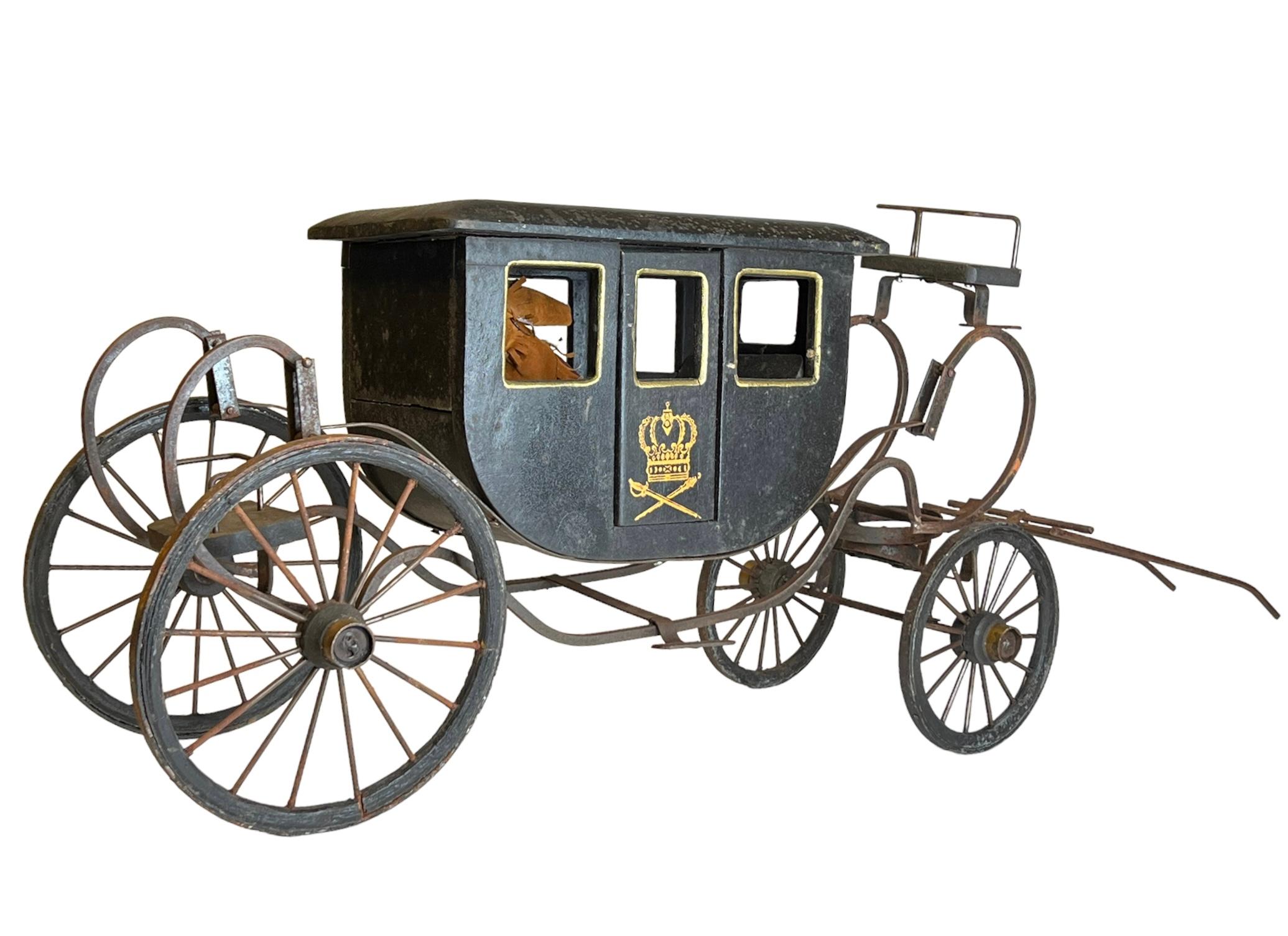 European Antique Model of a Wooden and Metal Horse Carriage in 18th Century Style For Sale