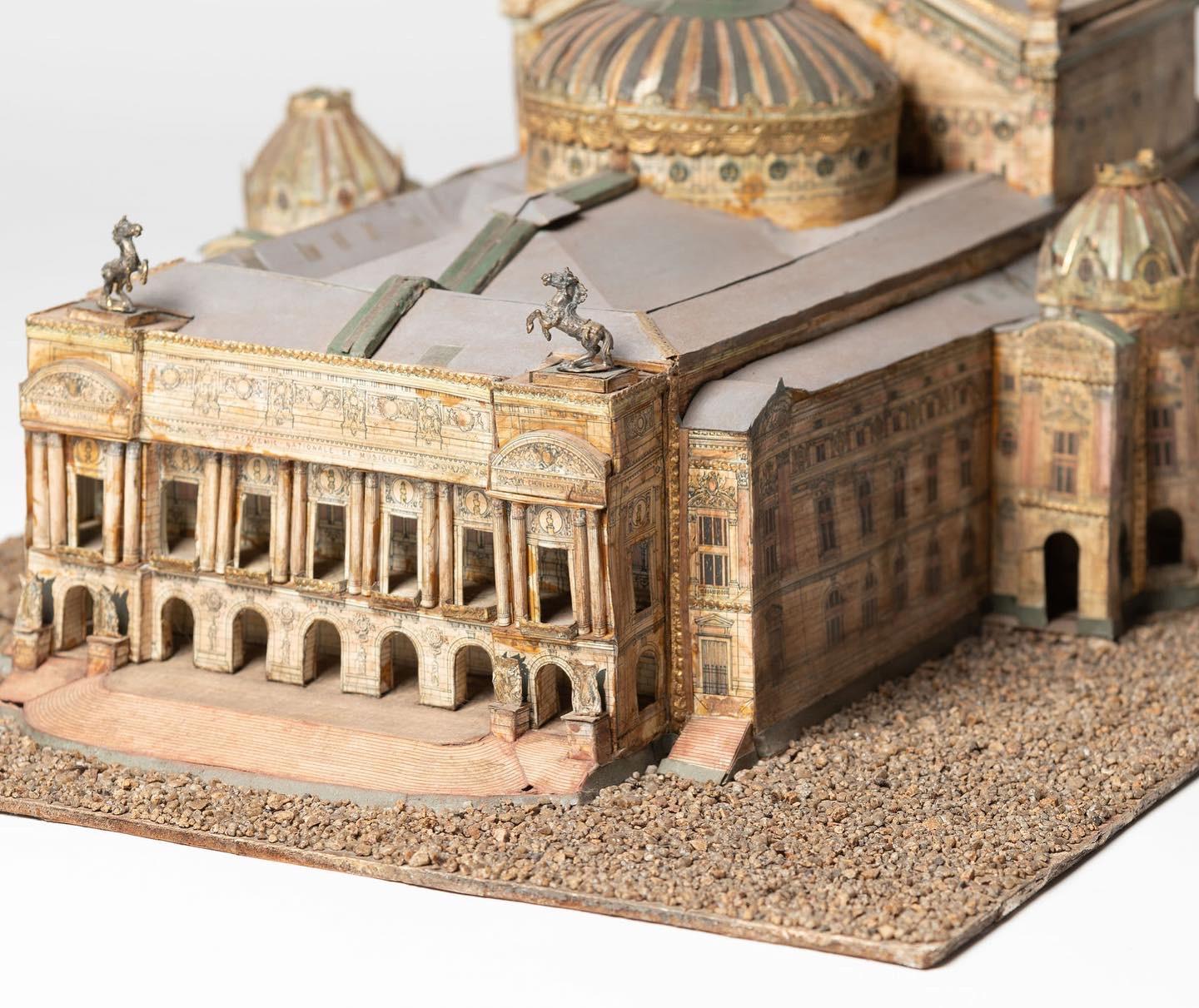 Rare antique handmade model of the Paris Opera House. The detail is exceptional to all sides. All four corners on the base are complete, the photographs just seem to cut some of the corners off.  Wonderful detail, paper on a board base, gravel