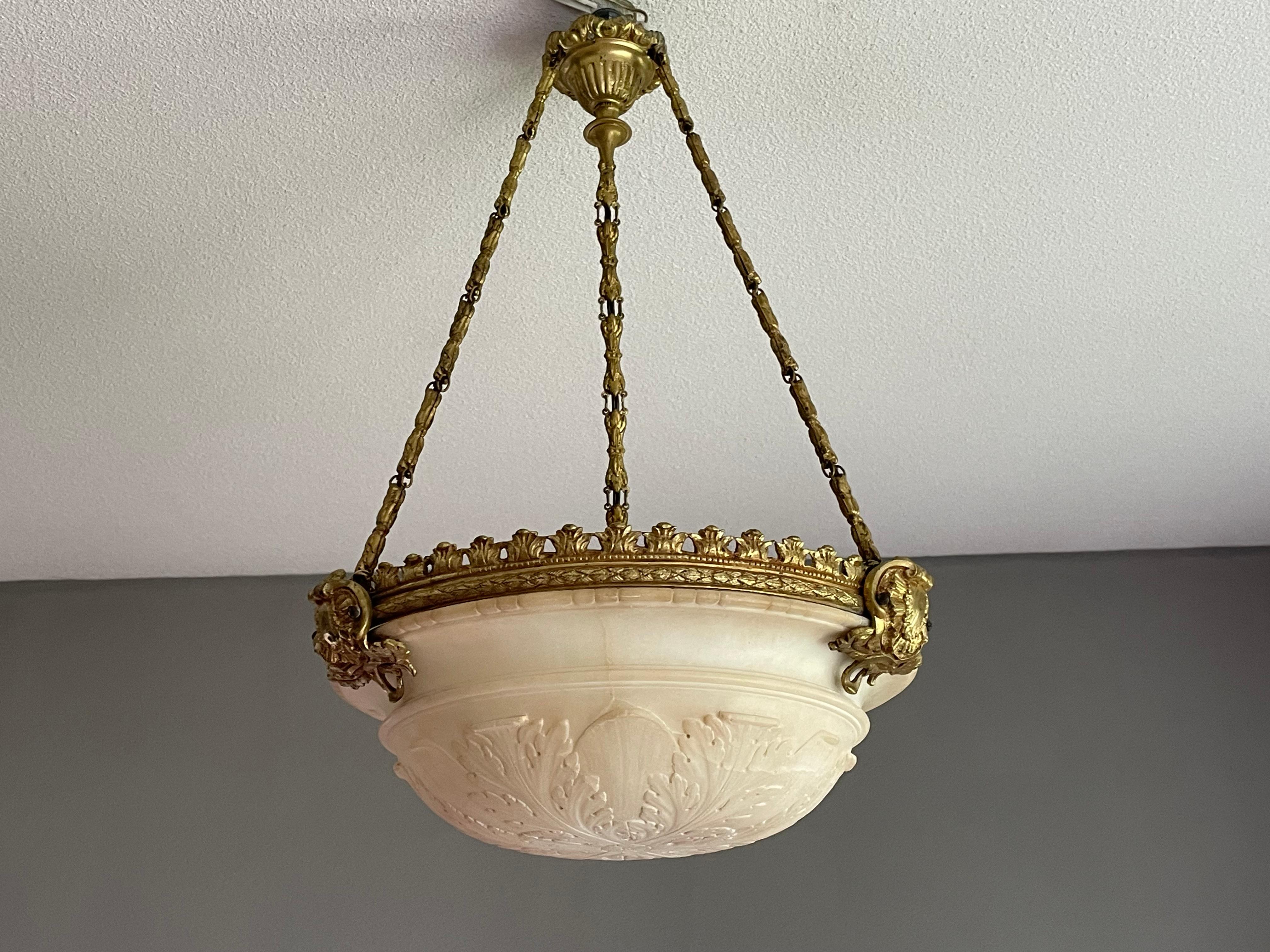Antique, Modest Size 3 Light Alabaster & Gilt Bronze Frame Pendant / Chandelier For Sale 4