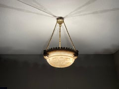 Antique, Modest Size 3 Light Alabaster & Gilt Bronze Frame Pendant / Chandelier