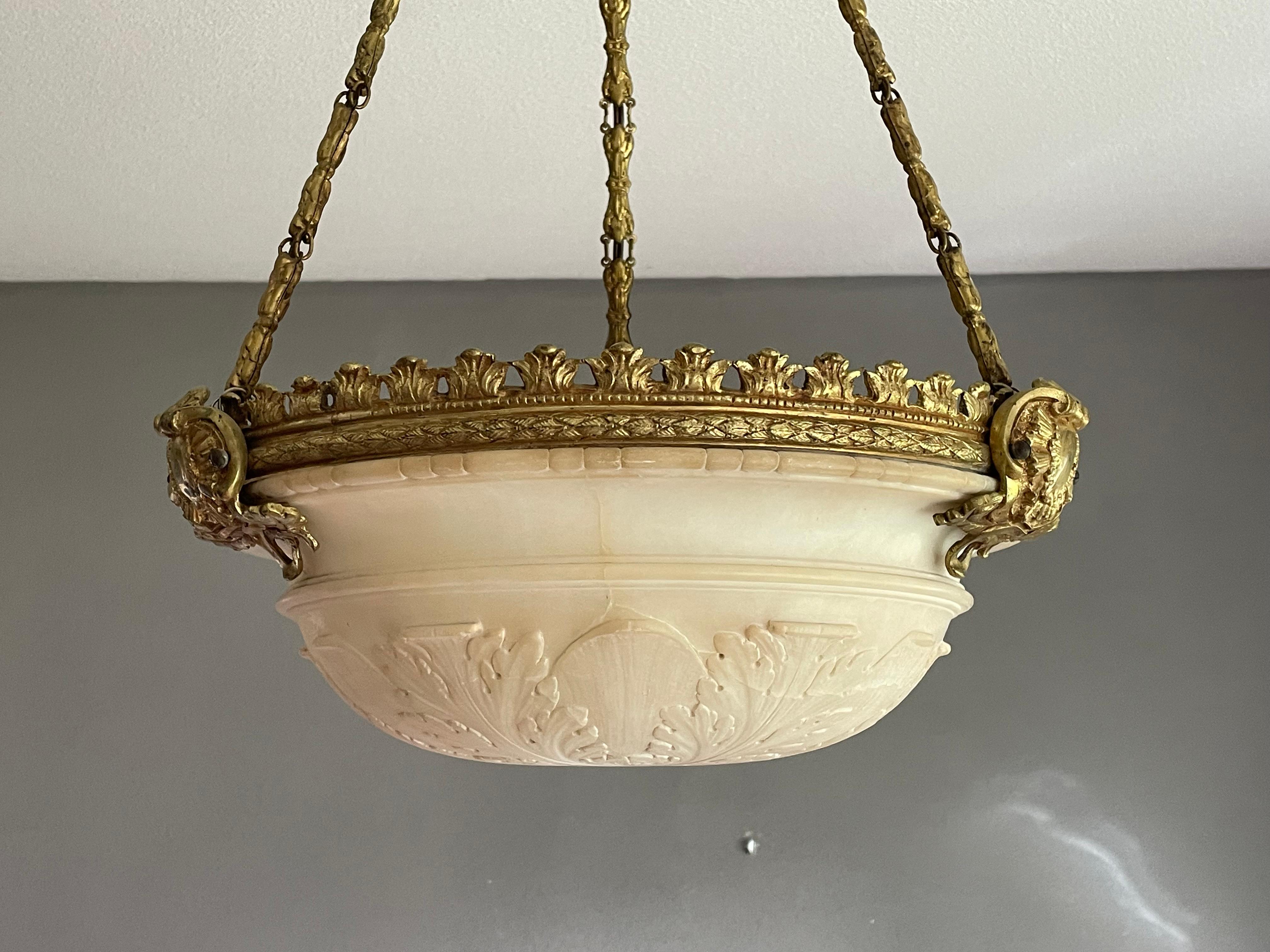 Polished Antique, Modest Size 3 Light Alabaster & Gilt Bronze Frame Pendant / Chandelier For Sale
