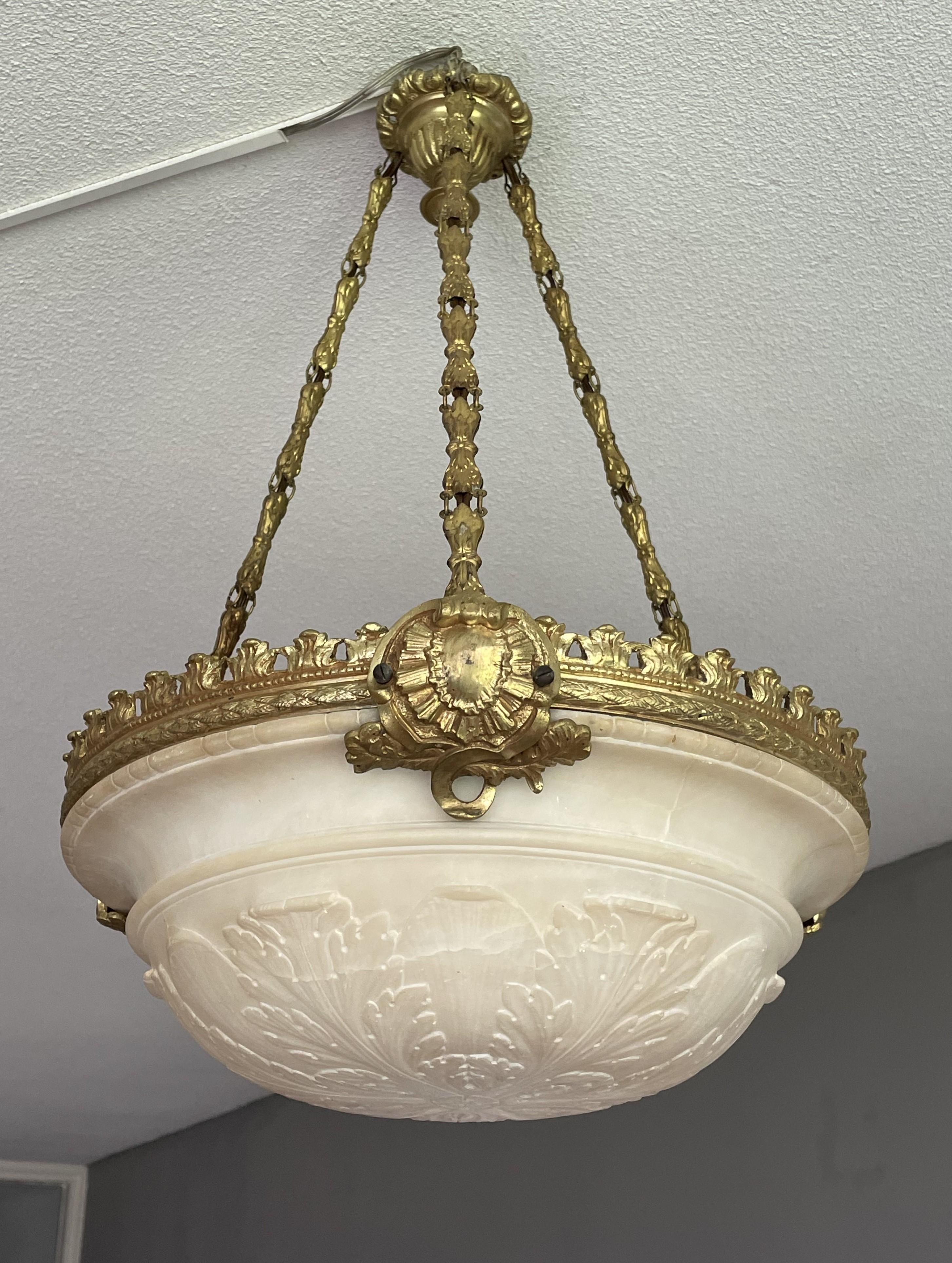 Brass Antique, Modest Size 3 Light Alabaster & Gilt Bronze Frame Pendant / Chandelier For Sale
