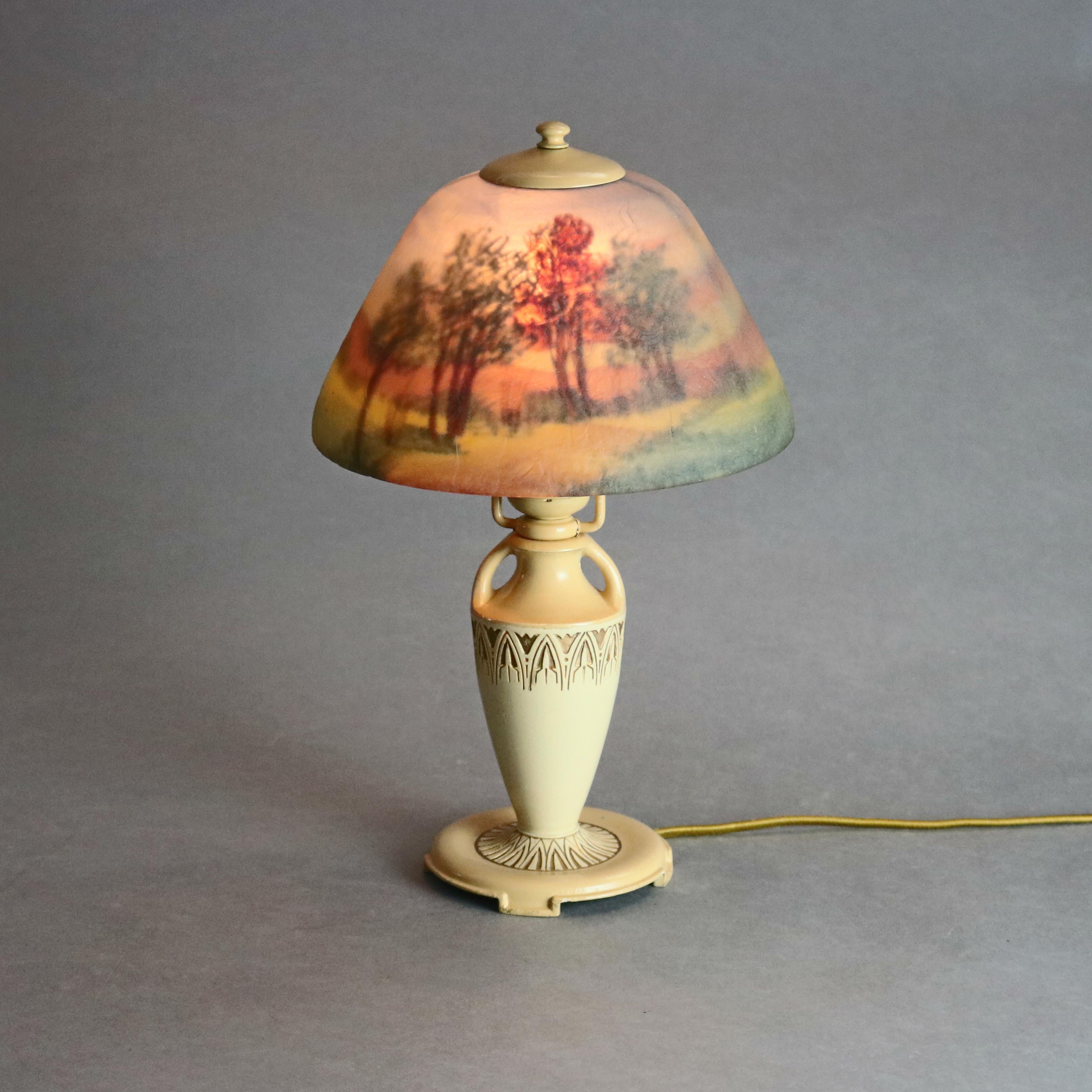 Cast Antique Moe Bridges Reverse Hand Painted Boudoir Urn Form Table Lamp, c1920