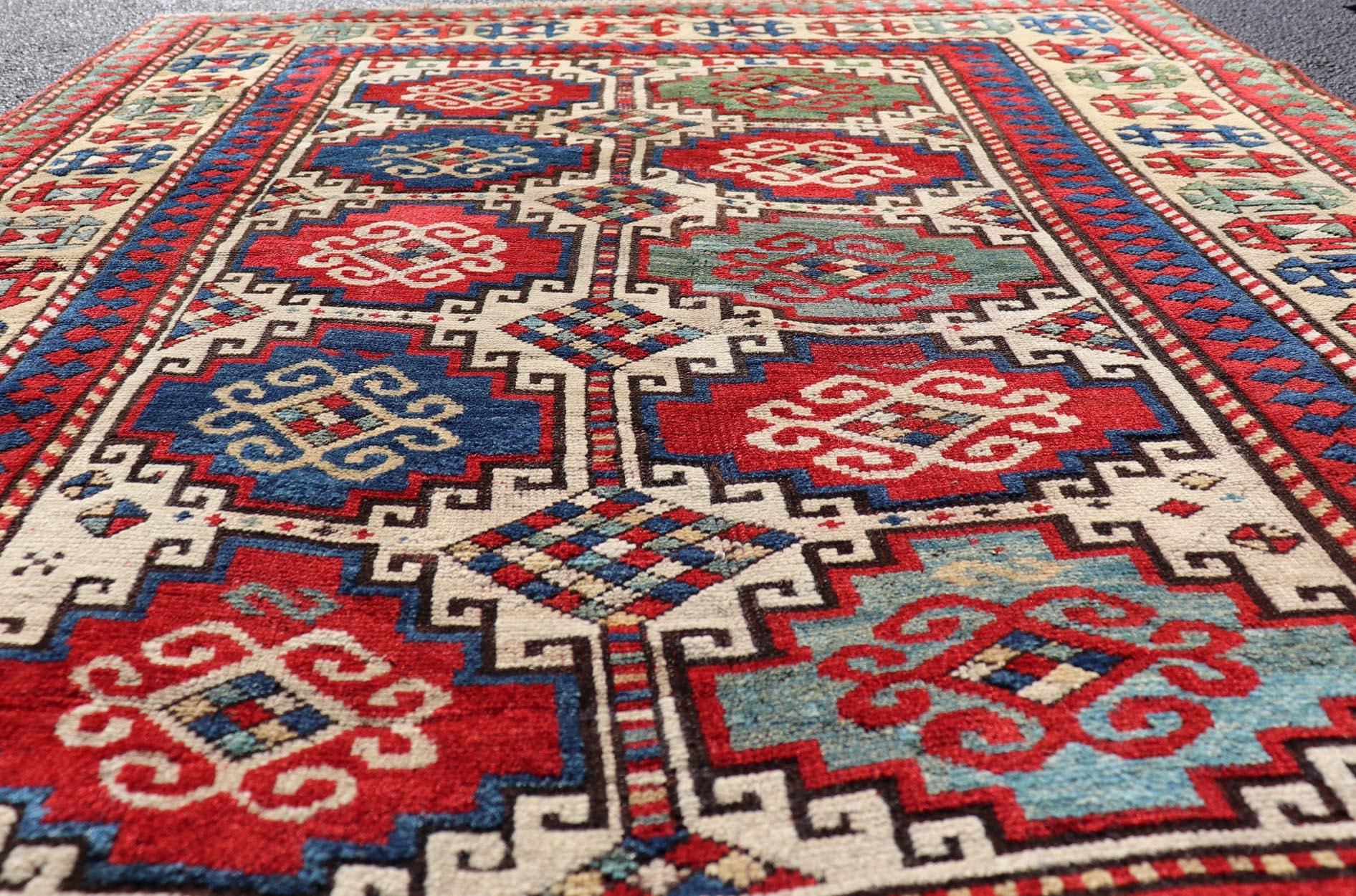 Antique Moghan Kazak Rug Showcasing Bold Geometric Medallions 4'6 x 6' For Sale 3
