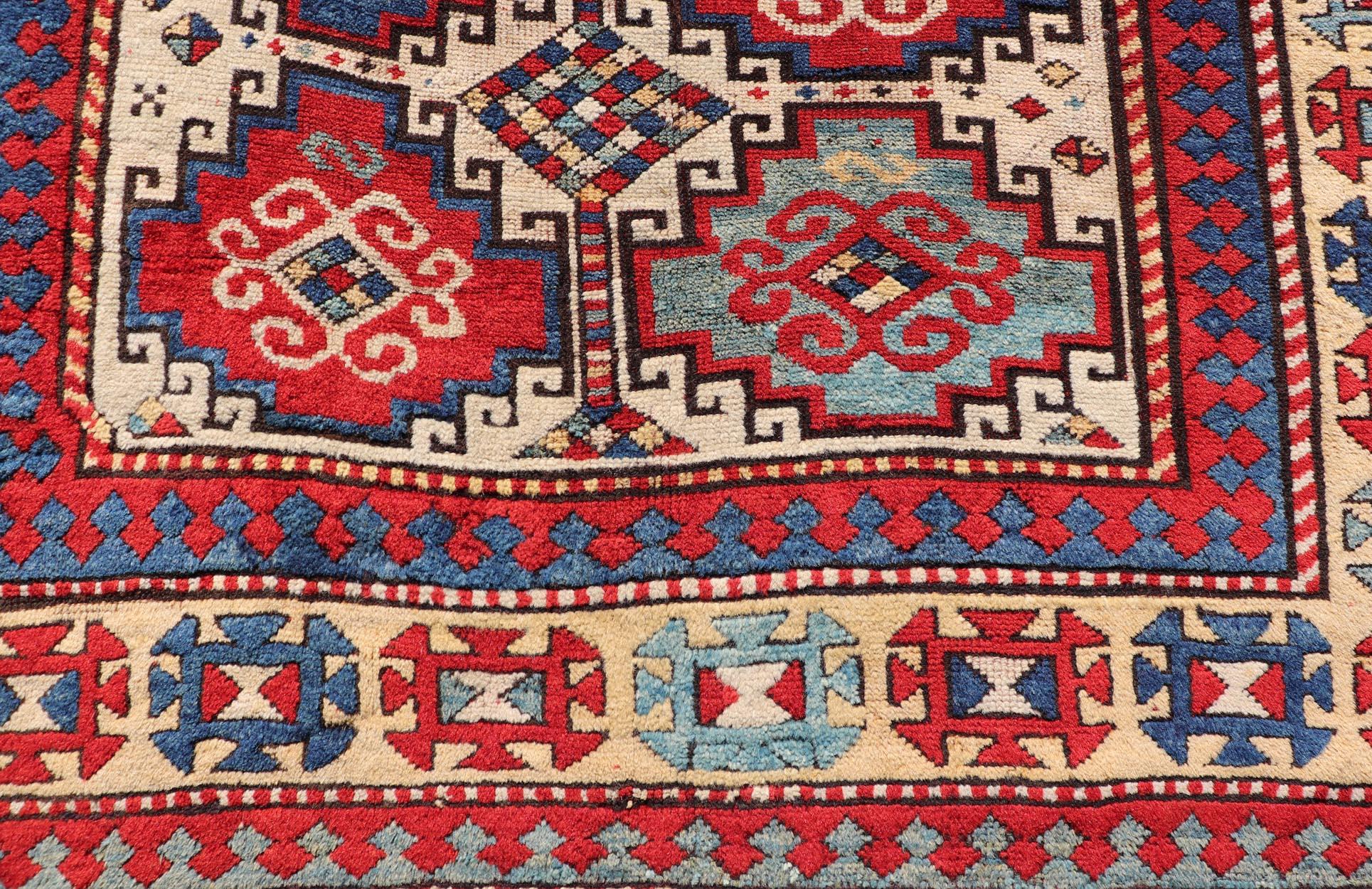 Antique Moghan Kazak Rug Showcasing Bold Geometric Medallions 4'6 x 6' For Sale 4