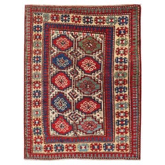 Antique Moghan Kazak Rug Showcasing Bold Geometric Medallions 4'6 x 6'