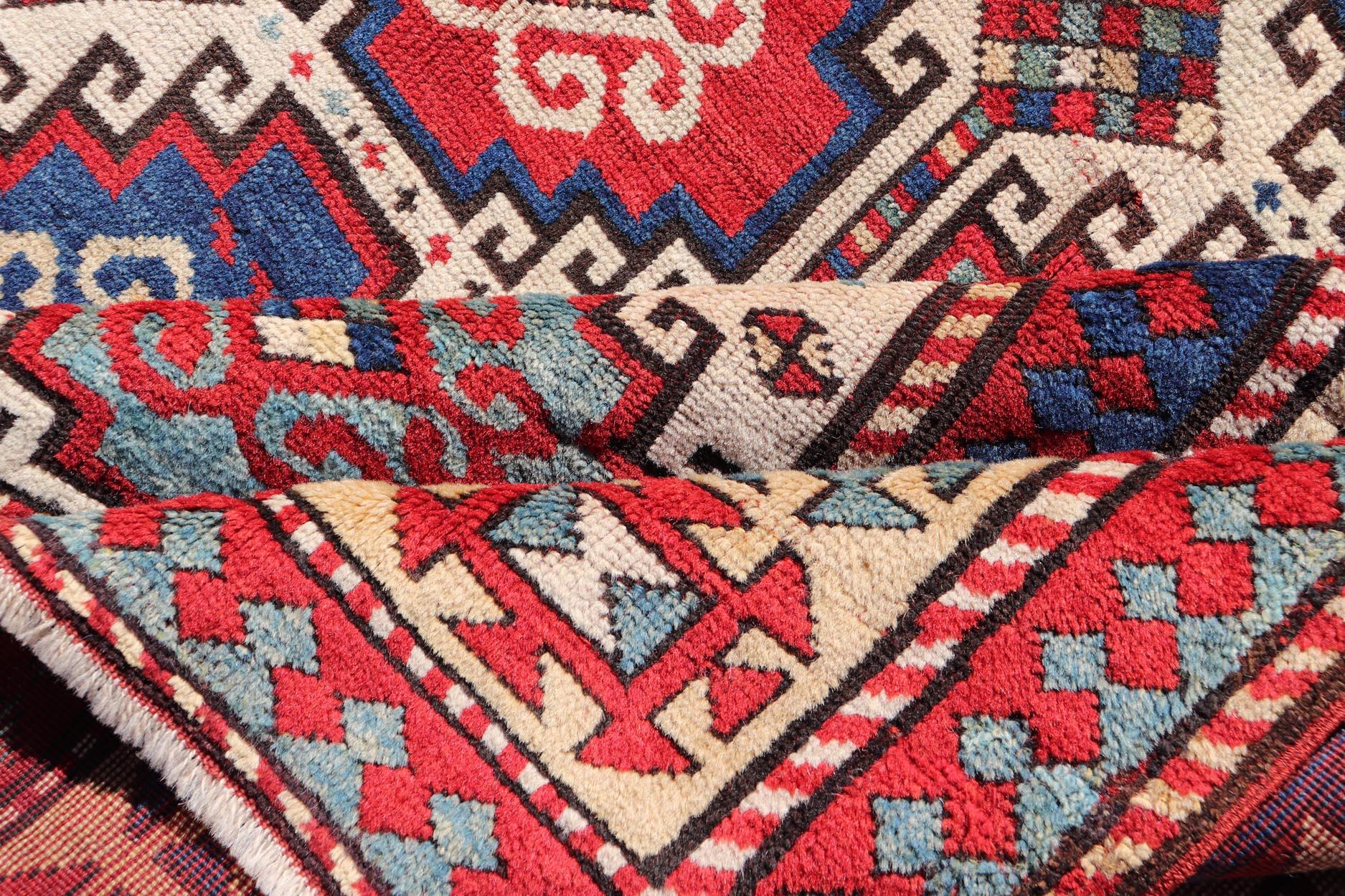 Antique Moghan Kazak Rug Showcasing Bold Geometric Medallions 4'6 x 6' For Sale 1