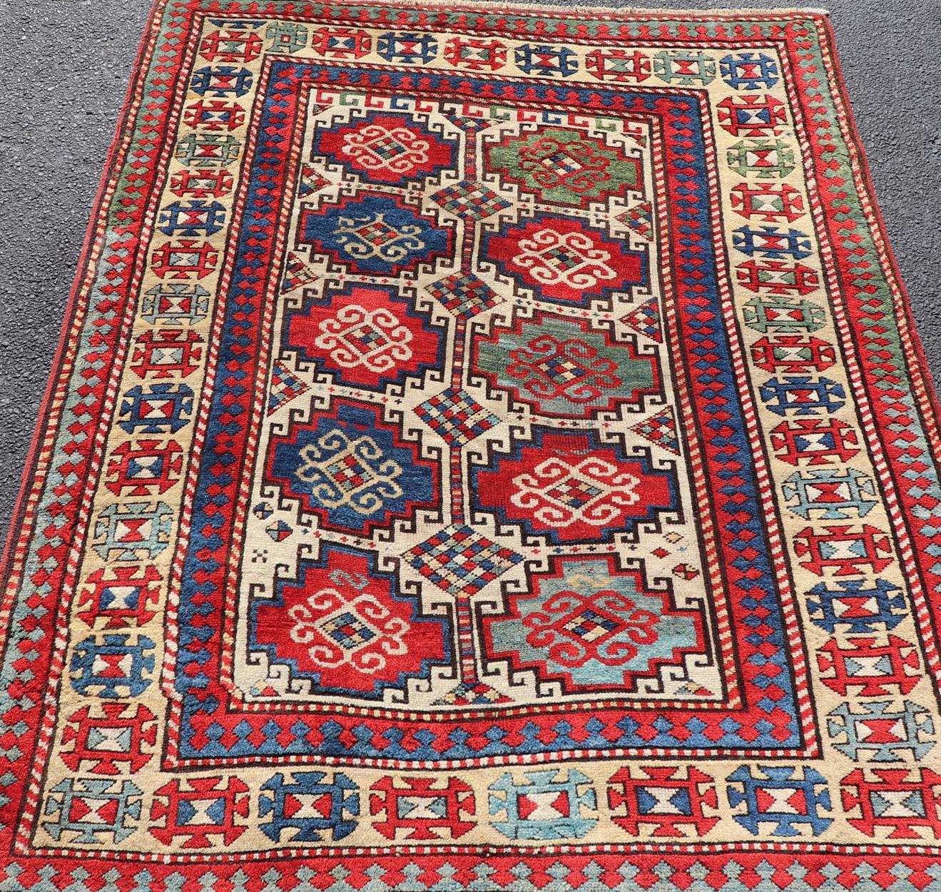 Antique Moghan Kazak Rug Showcasing Bold Geometric Medallions 4'6 x 6' For Sale 2