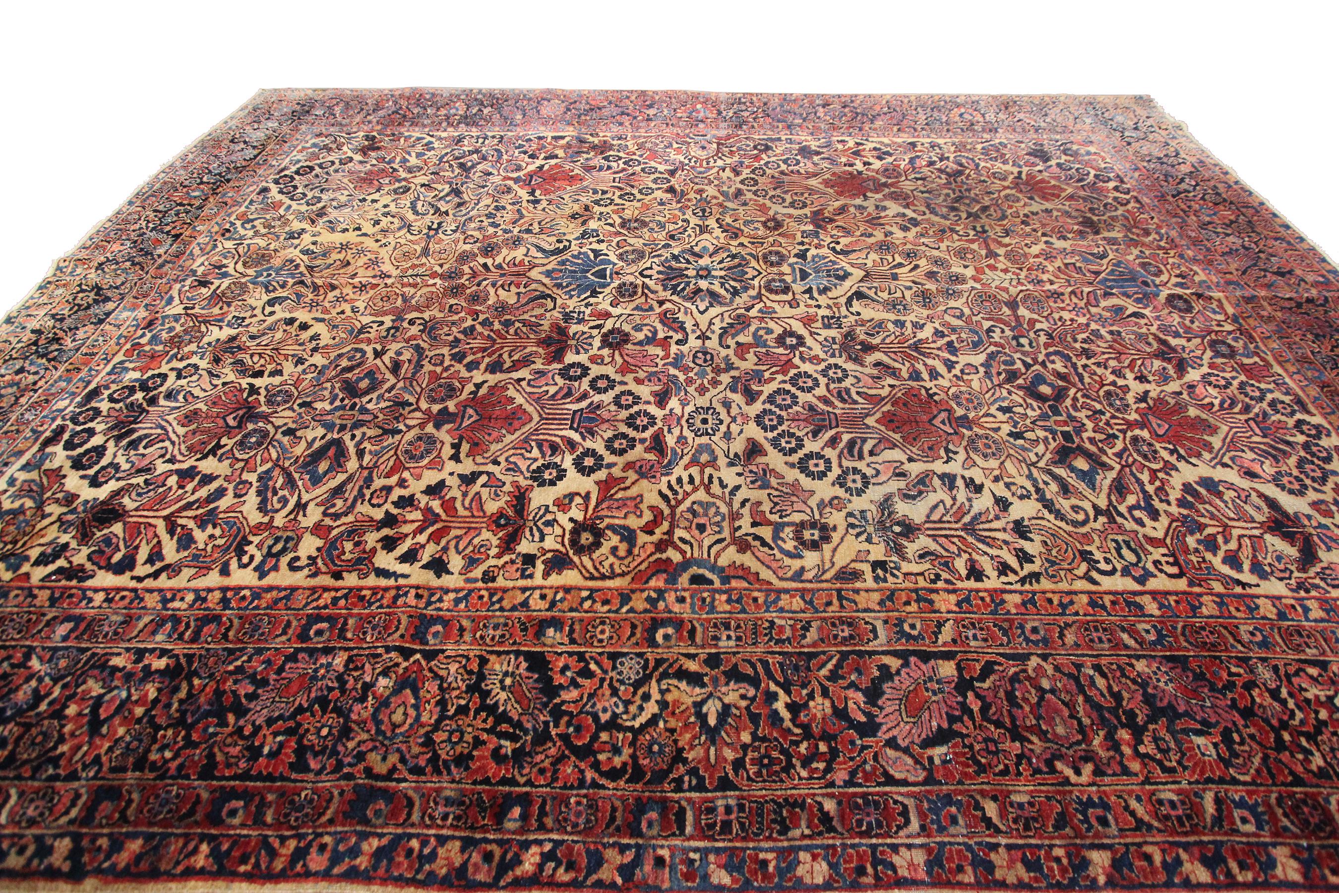 Antique Mohajeran Rug Antique Persian Rug Geometric Floral Gold, 1890 For Sale 4