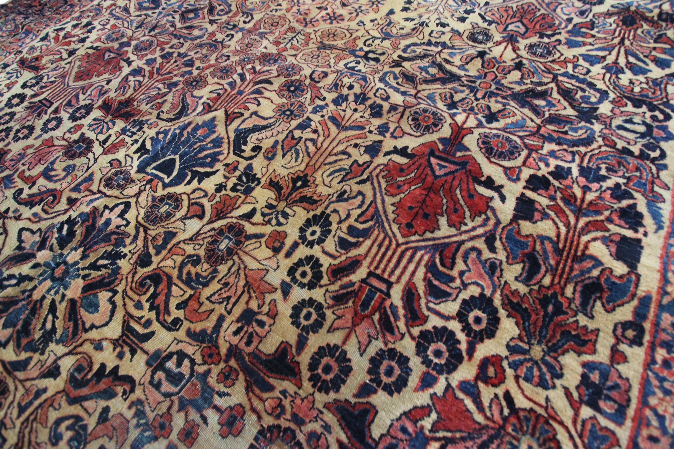 Hand-Knotted Antique Mohajeran Rug Antique Persian Rug Geometric Floral Gold, 1890 For Sale