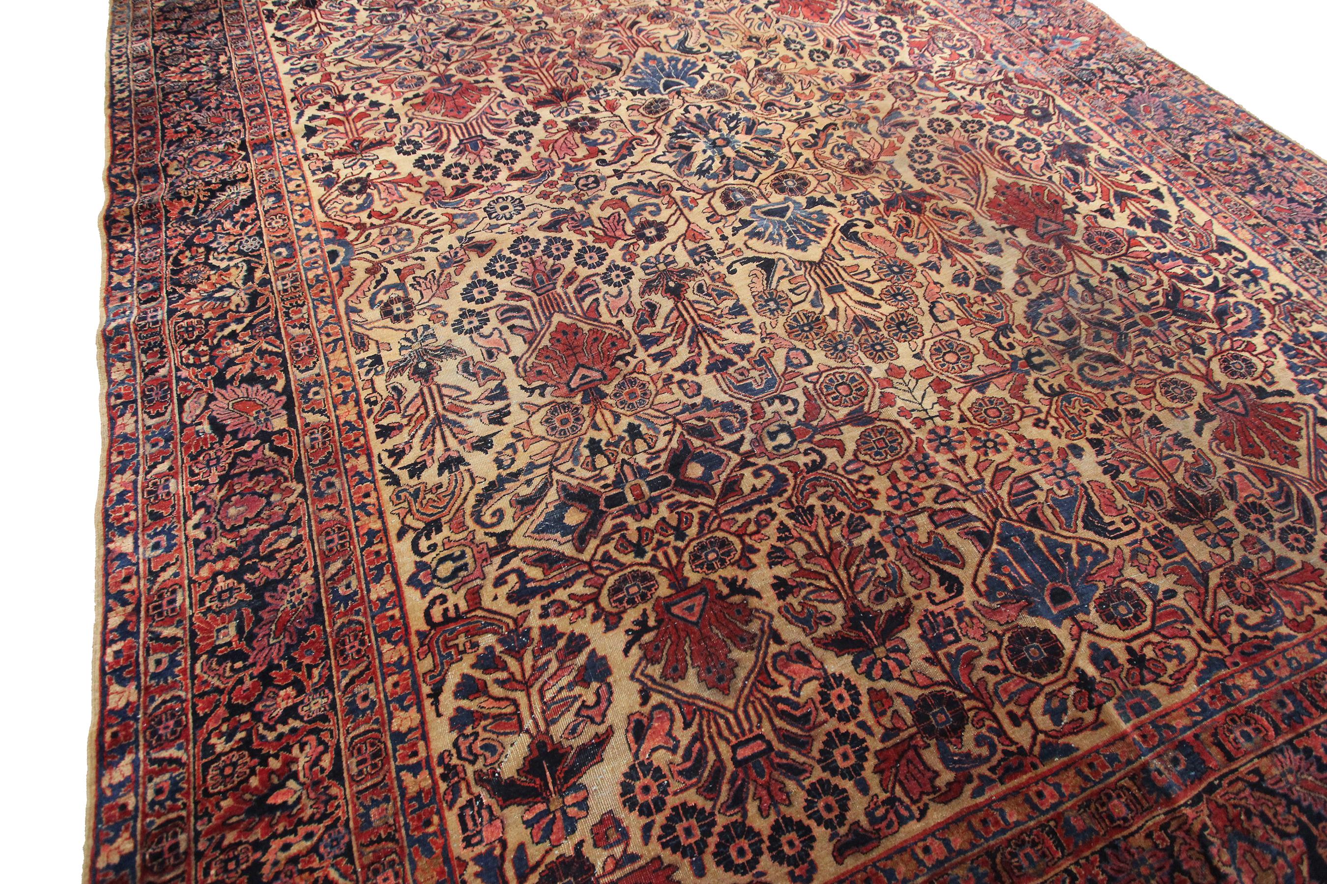 Late 19th Century Antique Mohajeran Rug Antique Persian Rug Geometric Floral Gold, 1890 For Sale