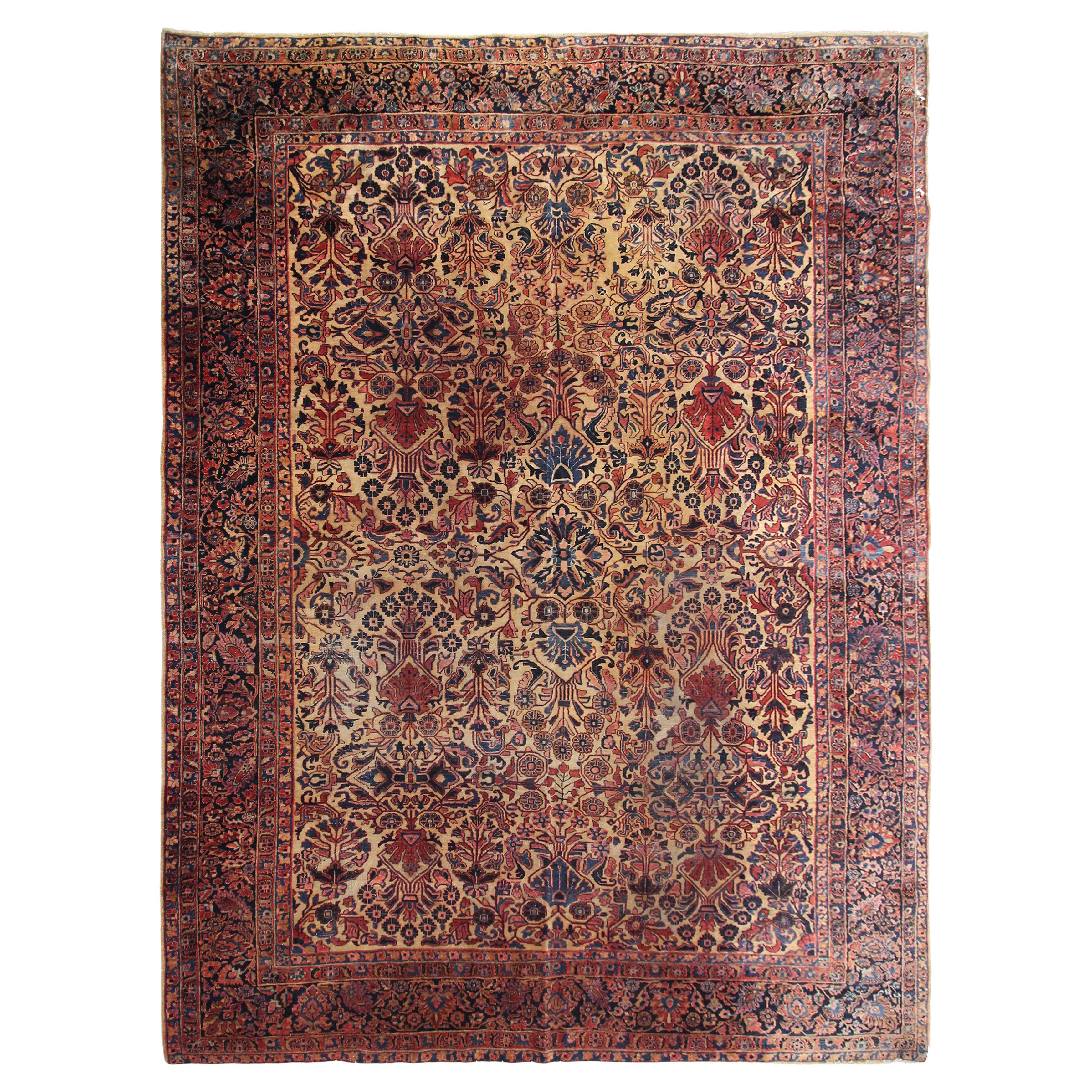 Antique Mohajeran Rug Antique Persian Rug Geometric Floral Gold, 1890 For Sale