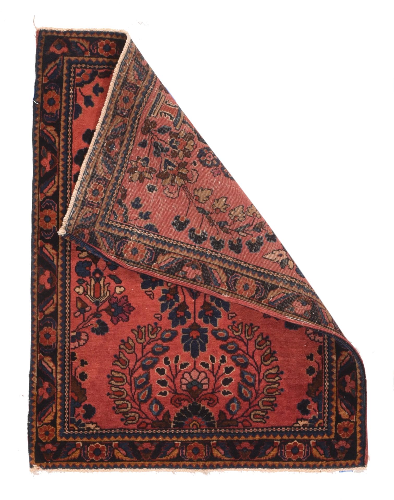 Antique Mohajeran Sarouk Rug 2' x 2'6''. The rust-scarlet field shows a spacious version of the 