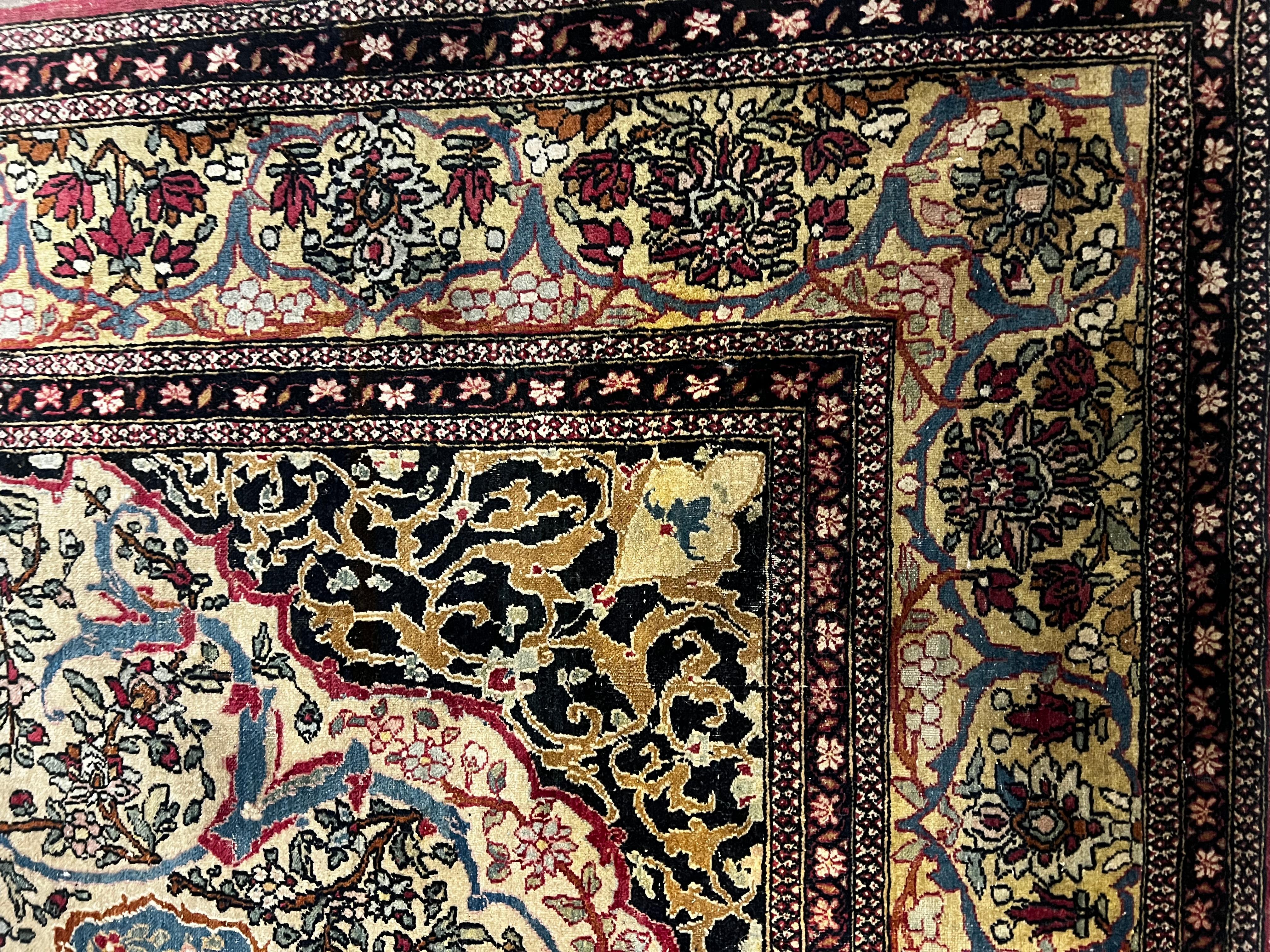 This outstanding Mohtasham Kashan from 1880s is a true piece of art. It has a very complex ornamentations and arabesques as well as very rich variation of colors which identify a real high collectable rugs and carpets. This Mohtasham has a superior