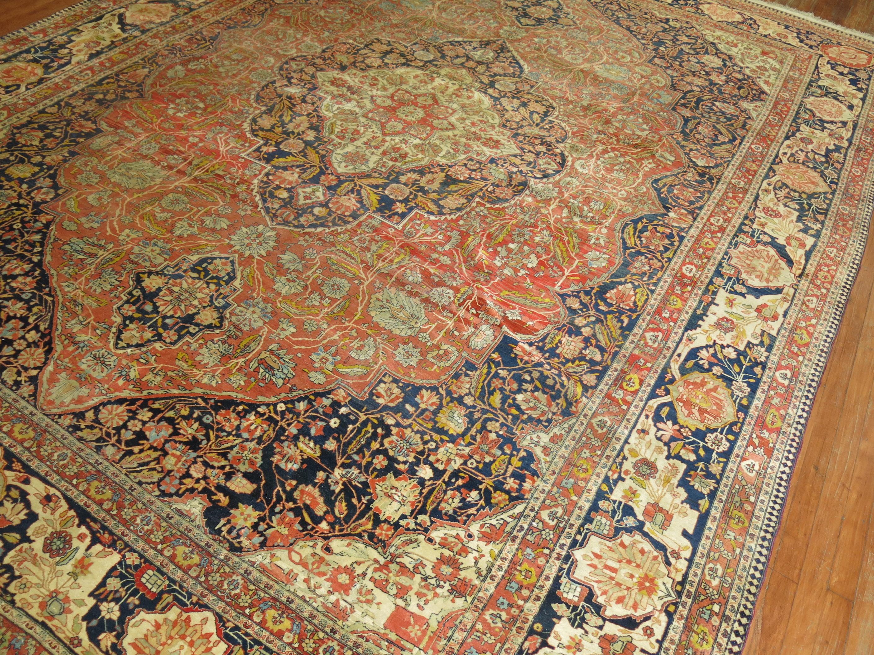 Hand-Woven Antique Mohtasham Kashan Room Size Rug For Sale