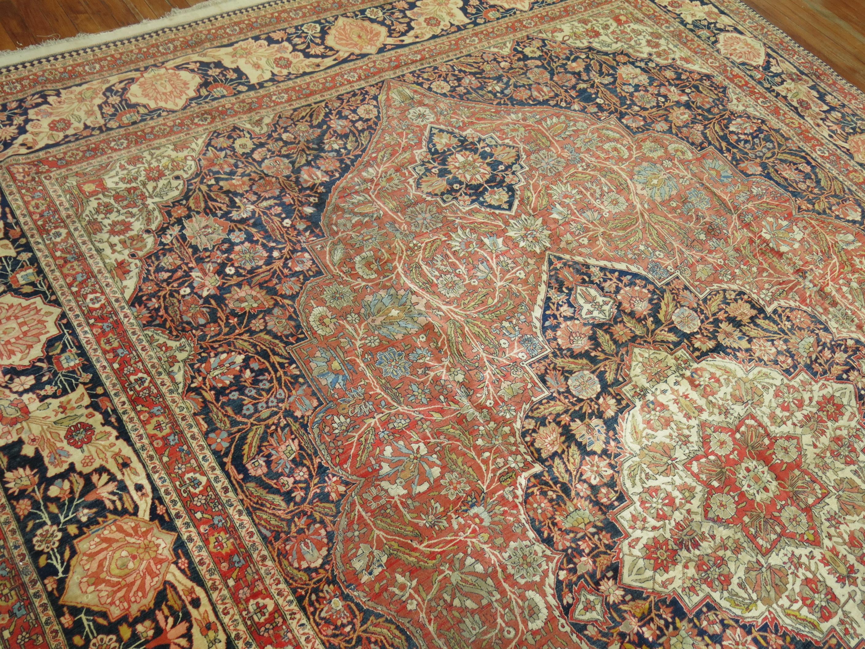 19th Century Antique Mohtasham Kashan Room Size Rug For Sale