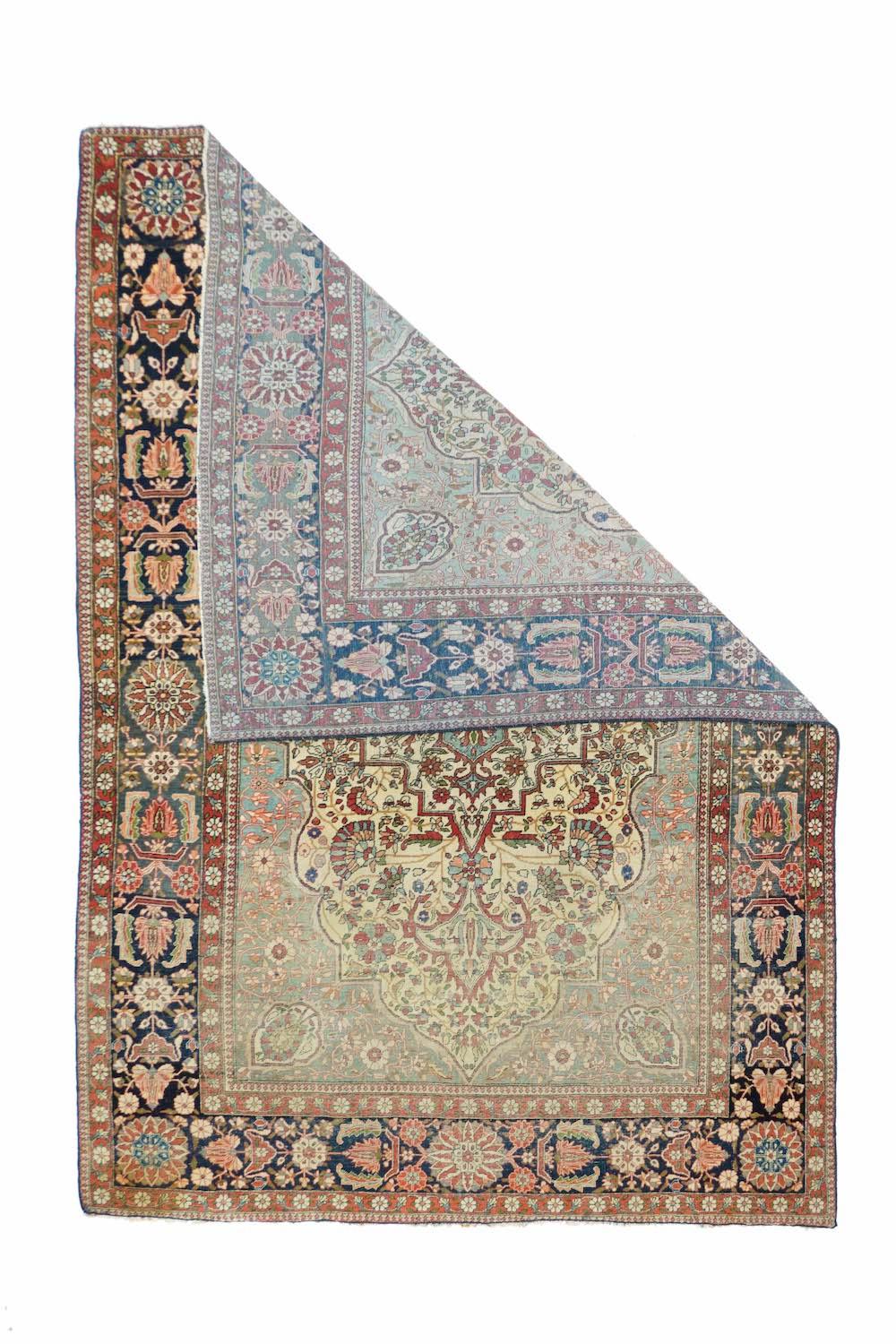 Antiker Mohtasham Kashan Teppich 4'4'' x 6'11''. Das alte elfenbeinfarbene Unterfeld ist dicht mit einem Weinberg mit Fächerpalmetten besetzt und wird von einem hellblauen Vierpass in einem offenen gestuften, gelappten und vierspitzigen Medaillon