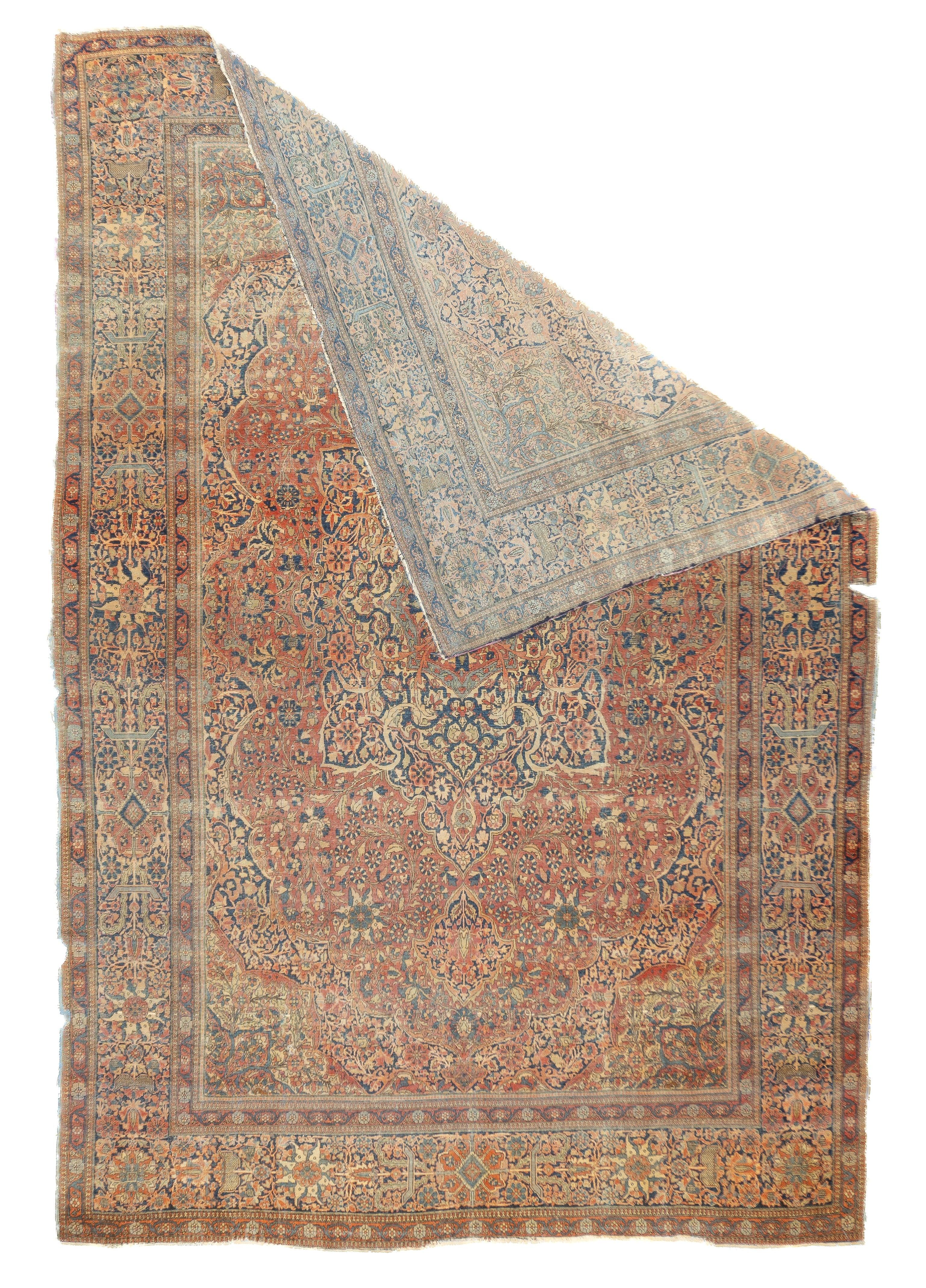Antiker Mohtasham Kashan-Teppich 7'5'' x 10'9''. Zentralpersische Stadt, bekannt für fein gewebte, raumhohe Teppiche und Streuteppiche mit dominanten Rot- und Marinetönen, Medaillonmustern und wirbelnden Palmetten. Wolle und ein paar Seidenstücke.