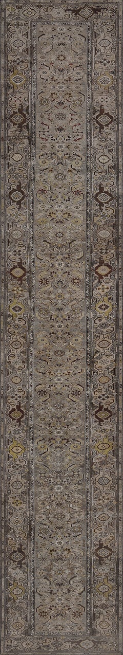 Antique Mole-Grey Herati Hand-Knotted Wool Persian Malayer Runner