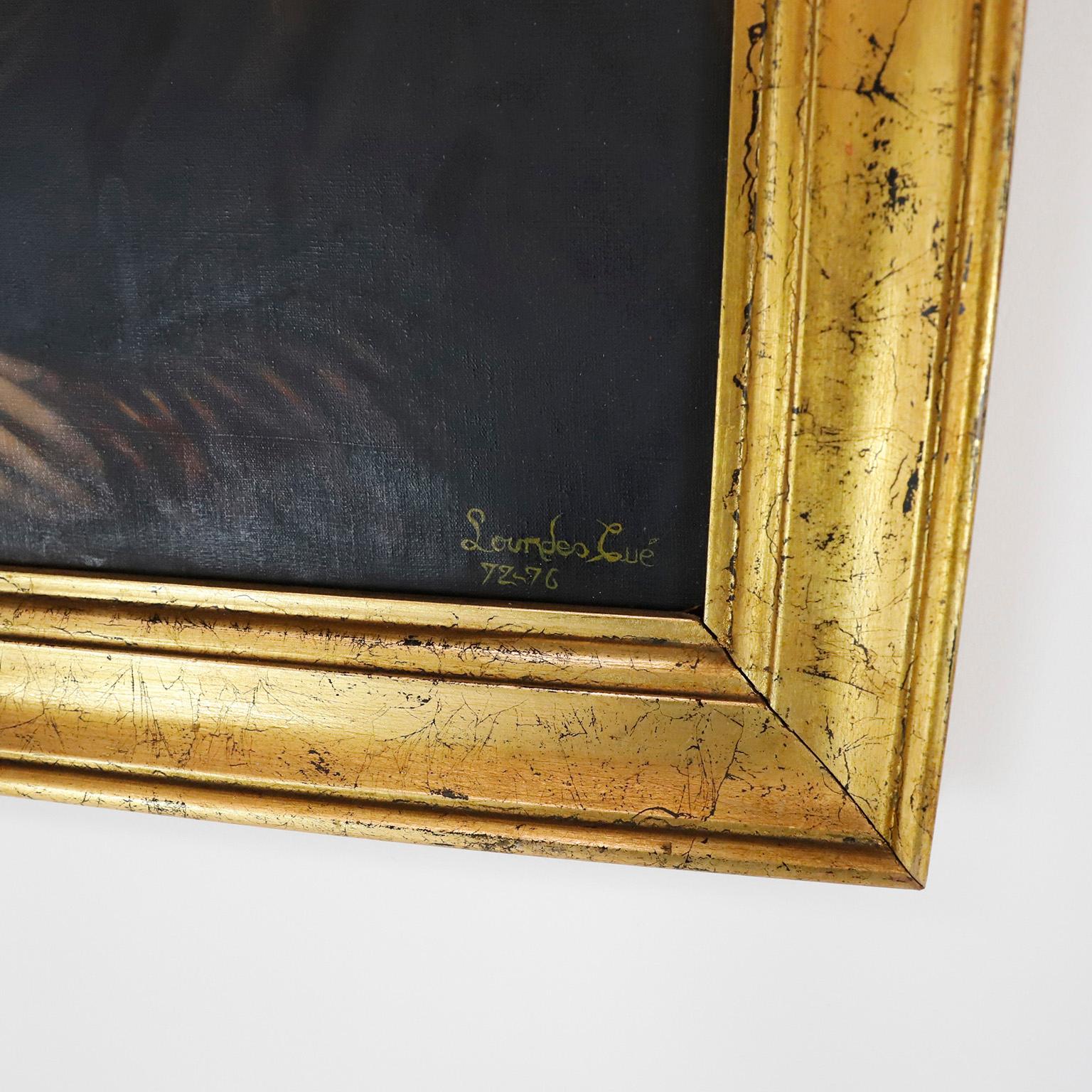 Painted during 1972 and 1976. We offer this Antique Monalisa handmade painted replica signed by Lourdes Cúe.