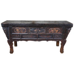 Antique Mongolian Carved and Lacquered Altar Coffer Console Table Sideboard
