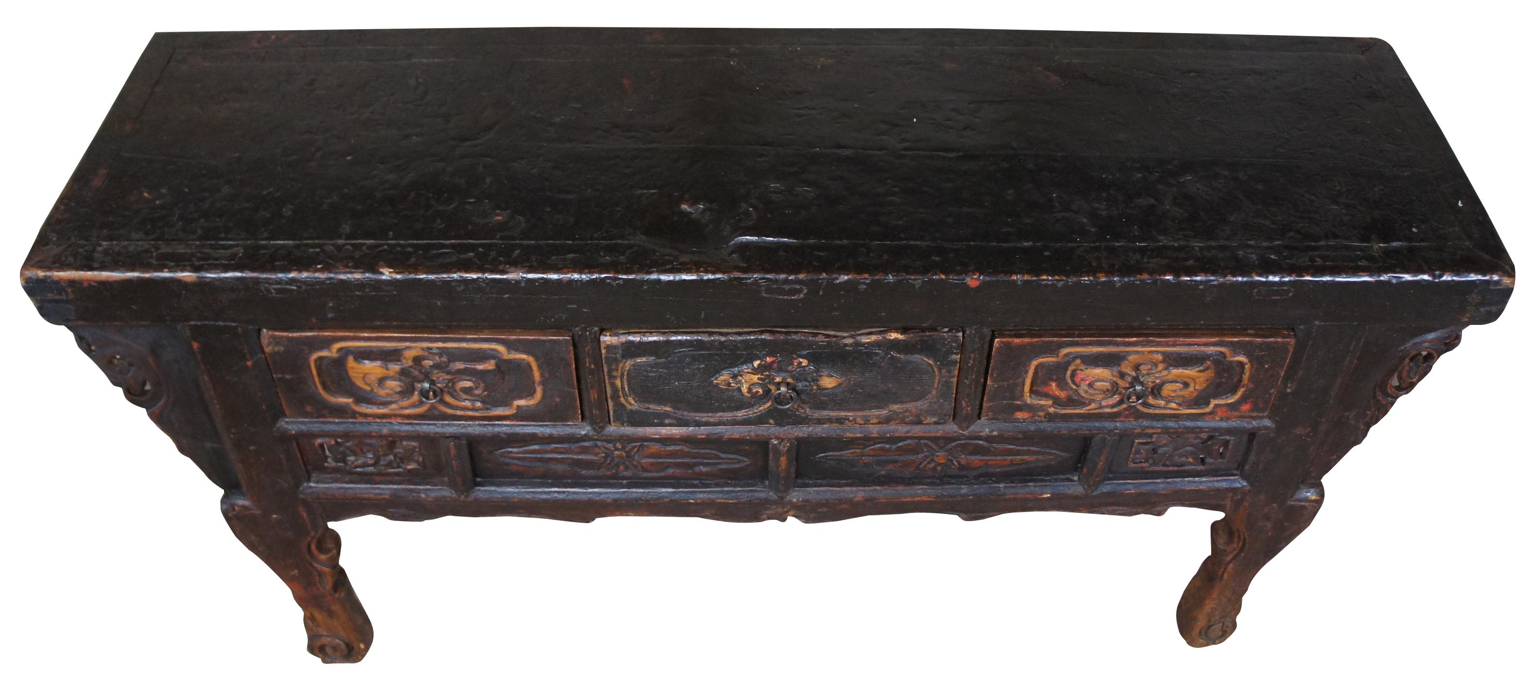 Ming Antique Mongolian Carved and Lacquered Altar Coffer Console Table Sideboard