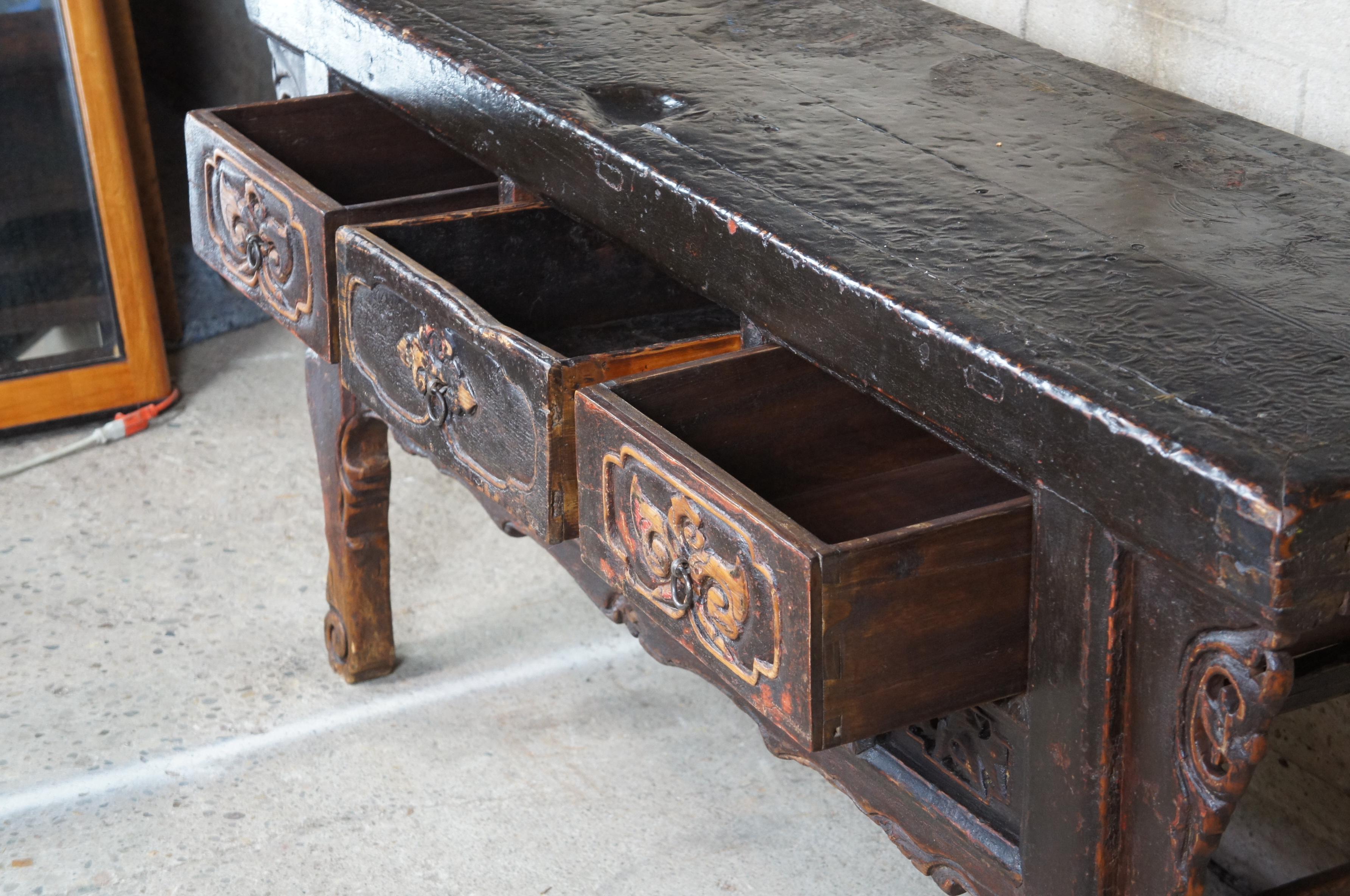 Antique Mongolian Carved and Lacquered Altar Coffer Console Table Sideboard In Good Condition In Dayton, OH