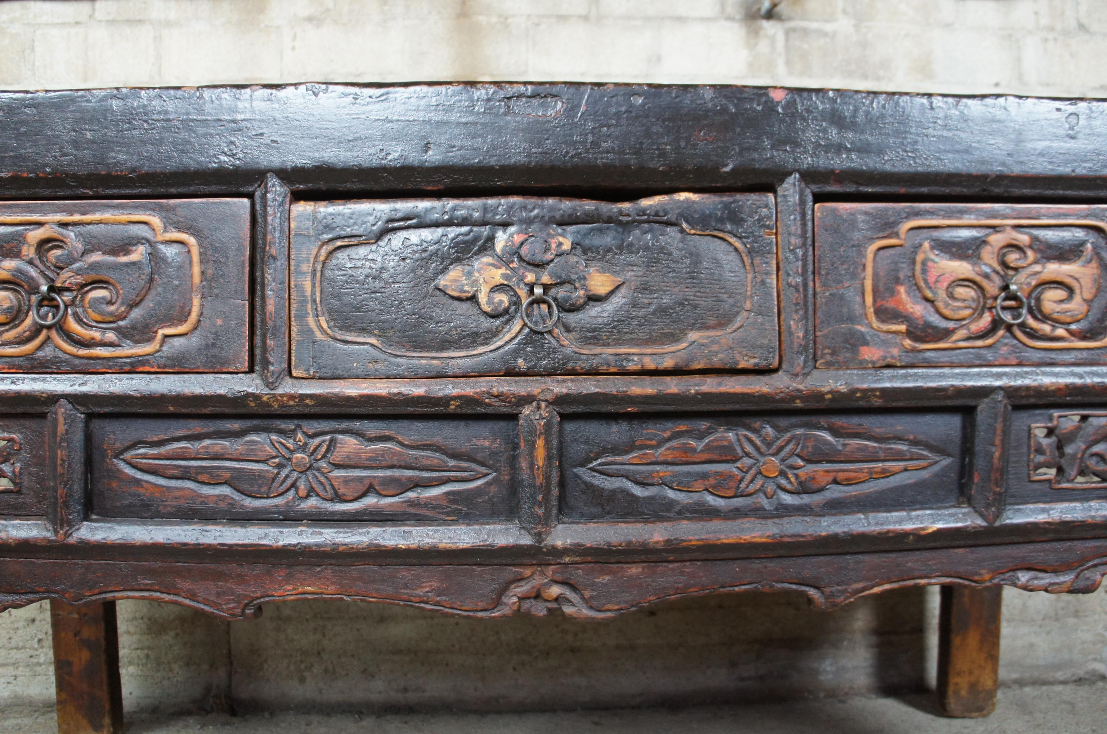 Hardwood Antique Mongolian Carved and Lacquered Altar Coffer Console Table Sideboard