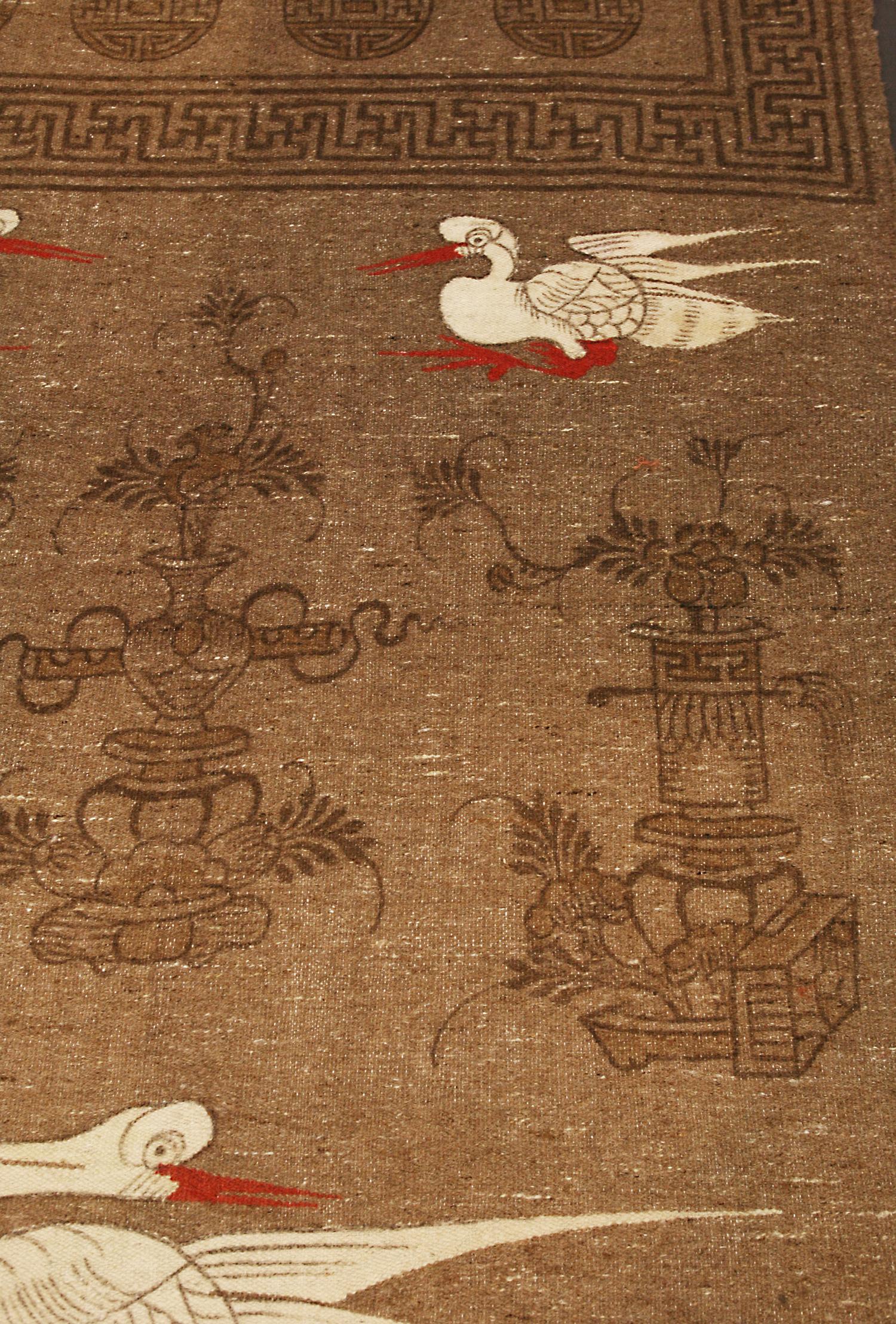 Kilim Antique Mongolian Crane Design Brown Wool Textile, 1900-1920