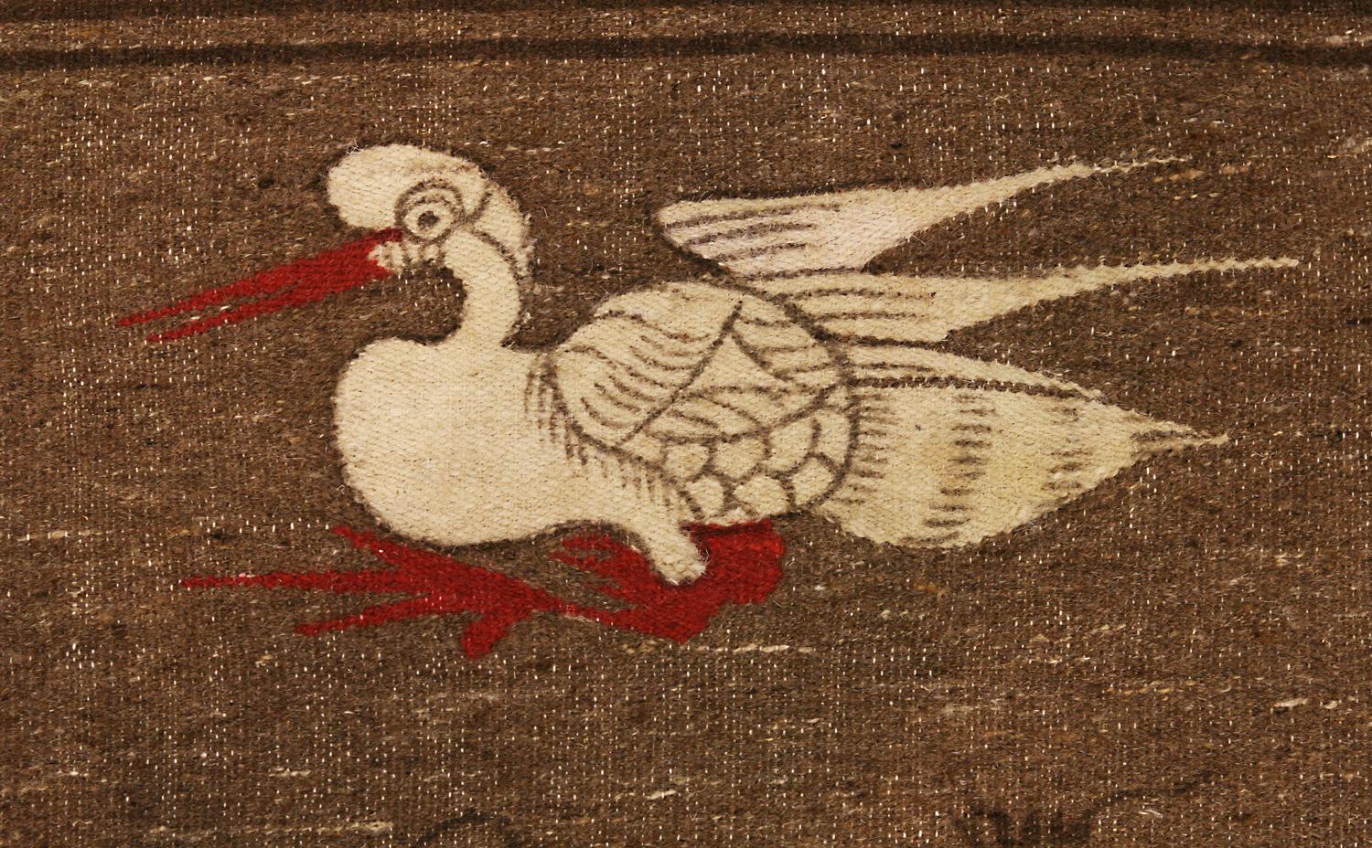 Hand-Woven Antique Mongolian Crane Design Brown Wool Textile, 1900-1920