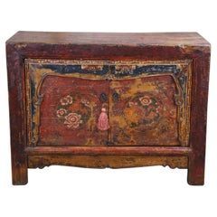 Antique Mongolian Elm Painted Peony Motif Sideboard Altar Console Cabinet