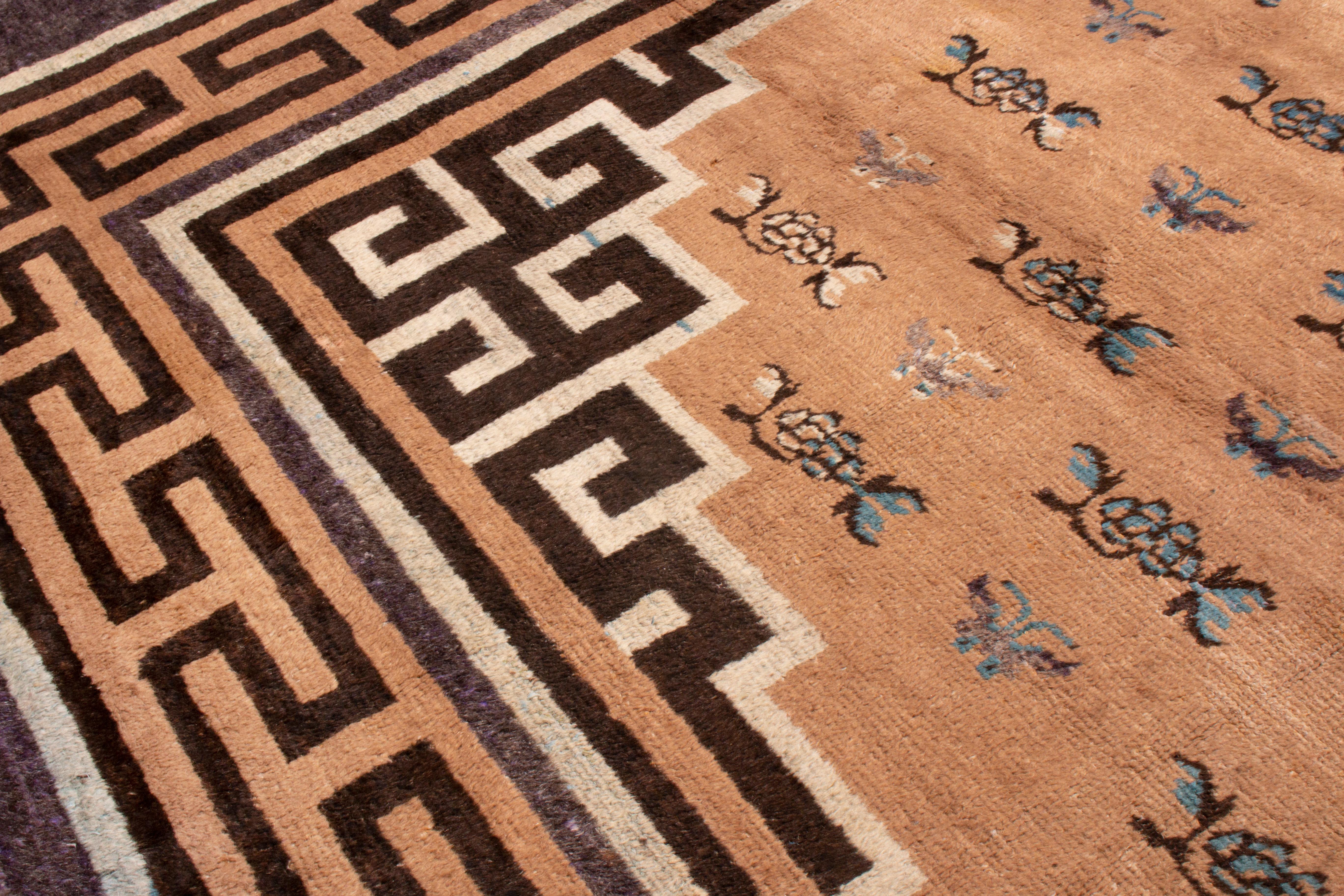 Hand-Knotted Antique Mongolian Purple and Brown Geometric-Floral Rug