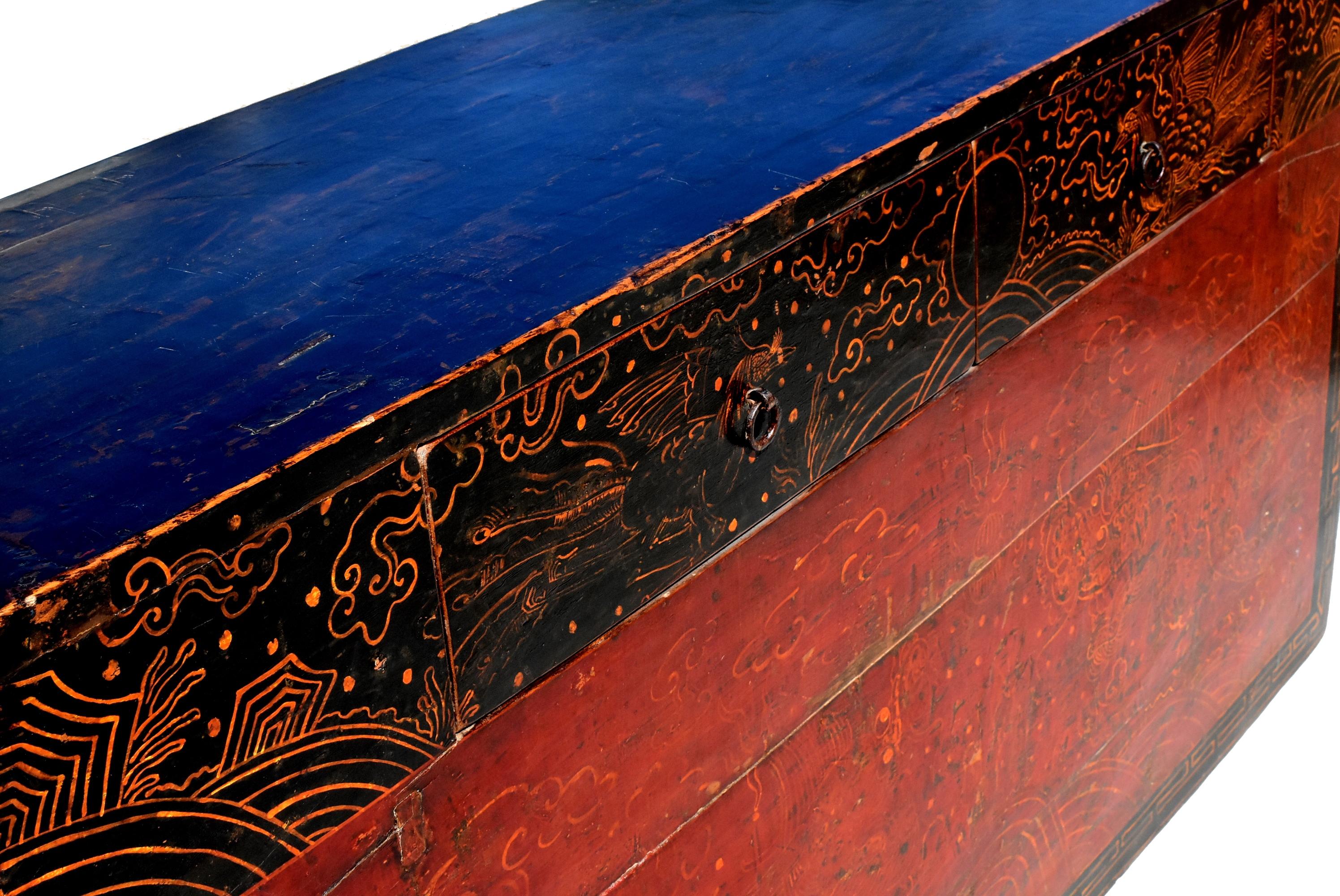 Antique Mongolian Table Chest with 2 Drawers, Hand Painted Dragons and Phoenixes 7