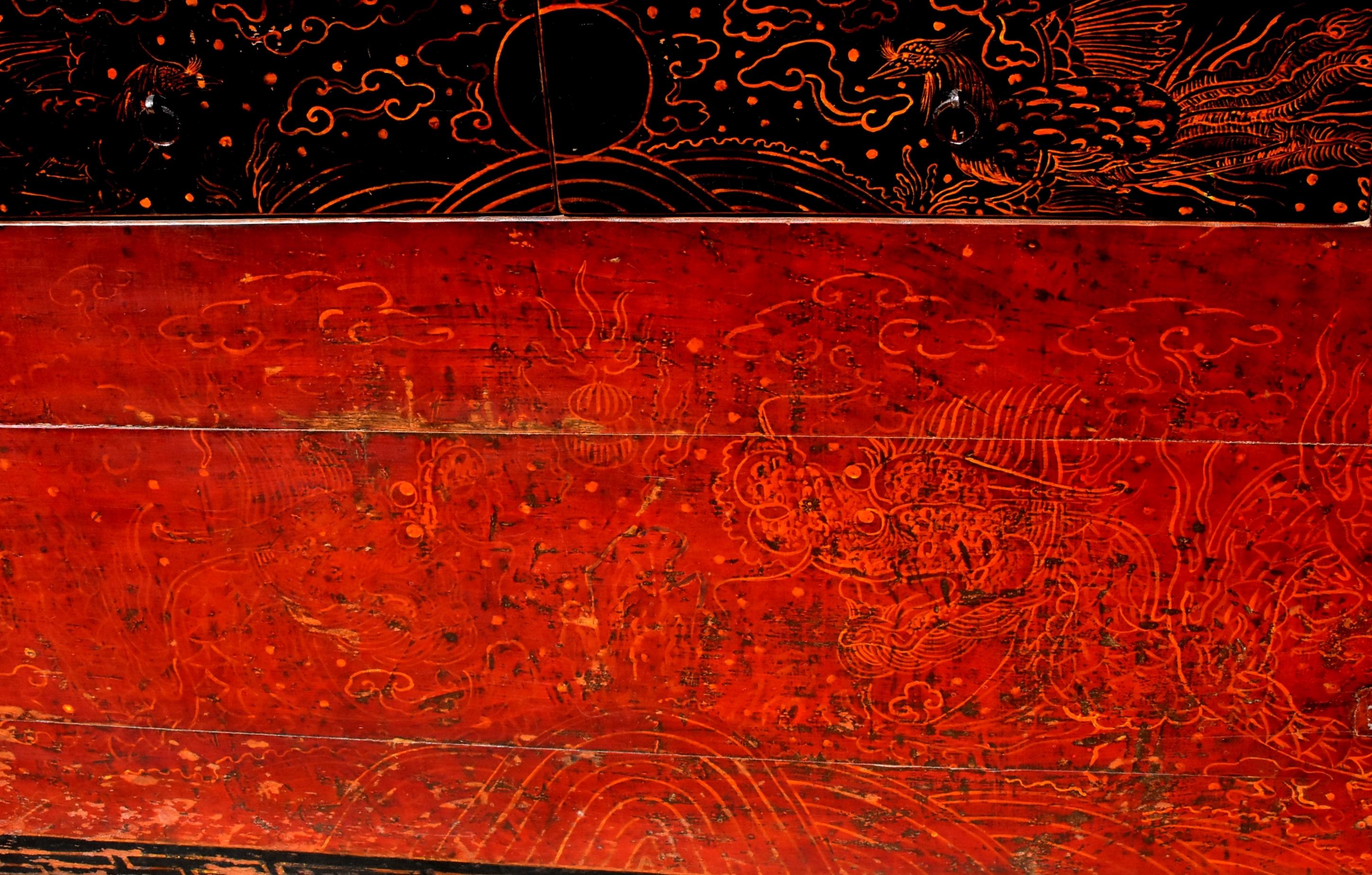 Antique Mongolian Table Chest with 2 Drawers, Hand Painted Dragons and Phoenixes 8