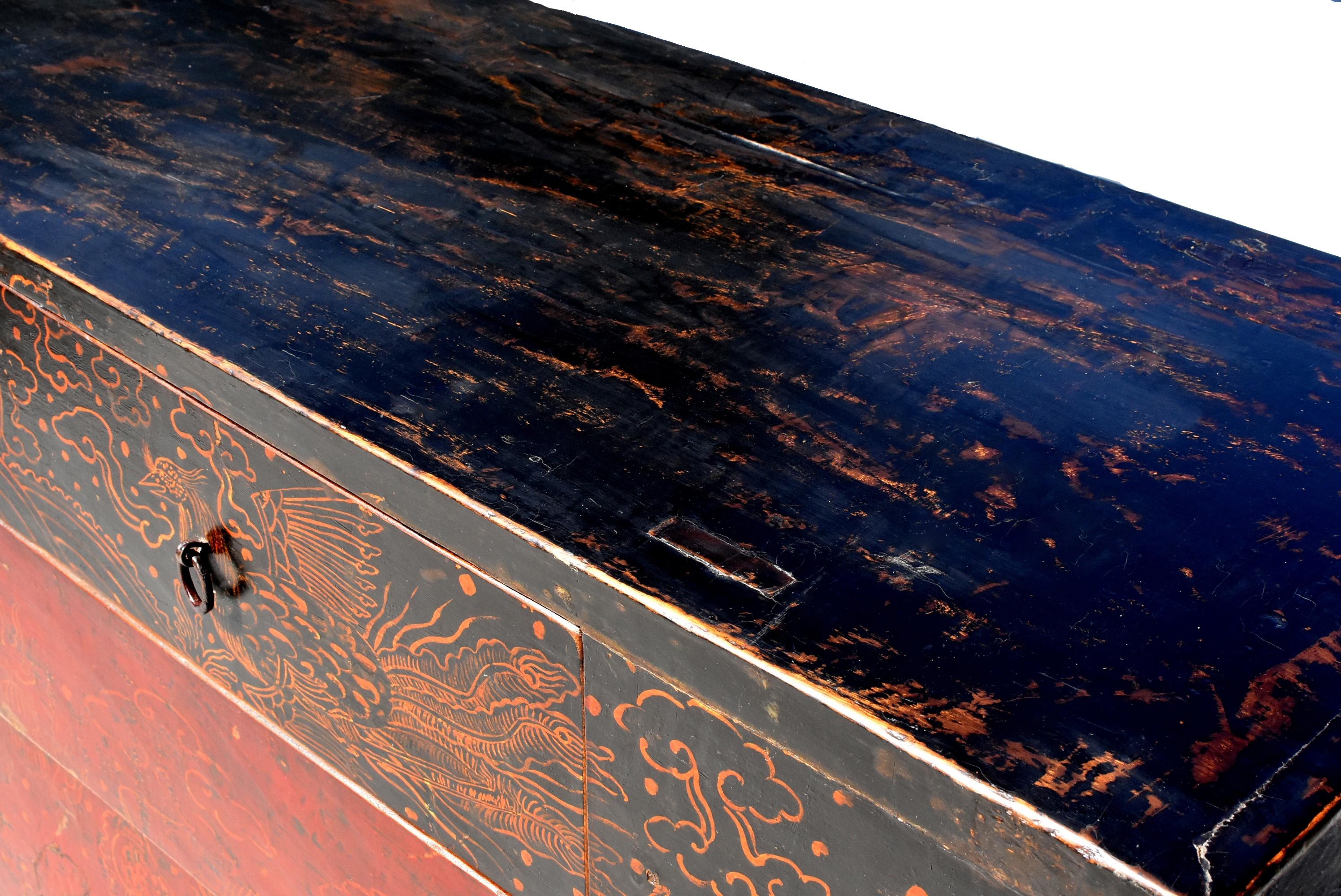 Antique Mongolian Table Chest with 2 Drawers, Hand Painted Dragons and Phoenixes 9