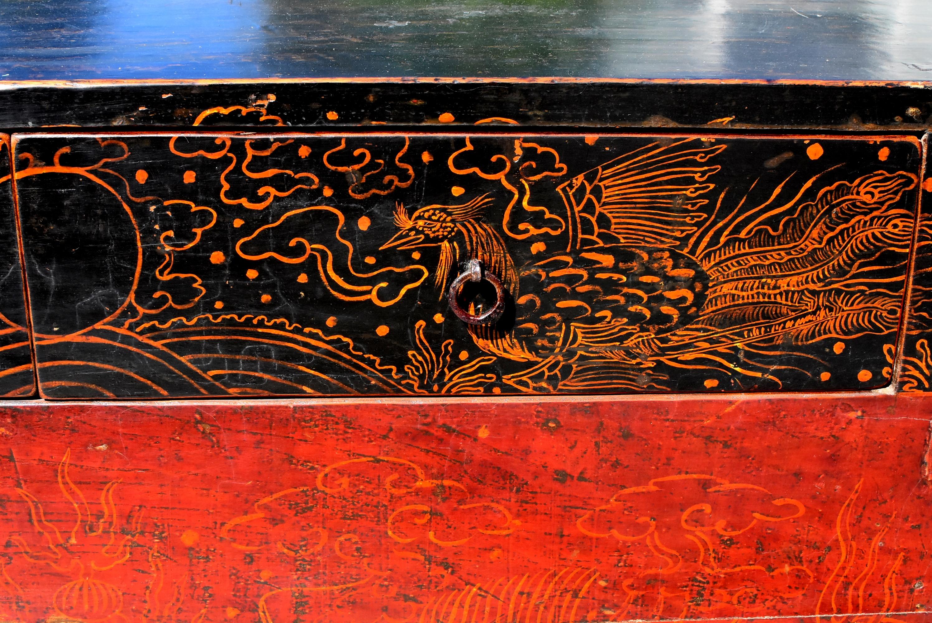 Antique Mongolian Table Chest with 2 Drawers, Hand Painted Dragons and Phoenixes In Good Condition In Somis, CA