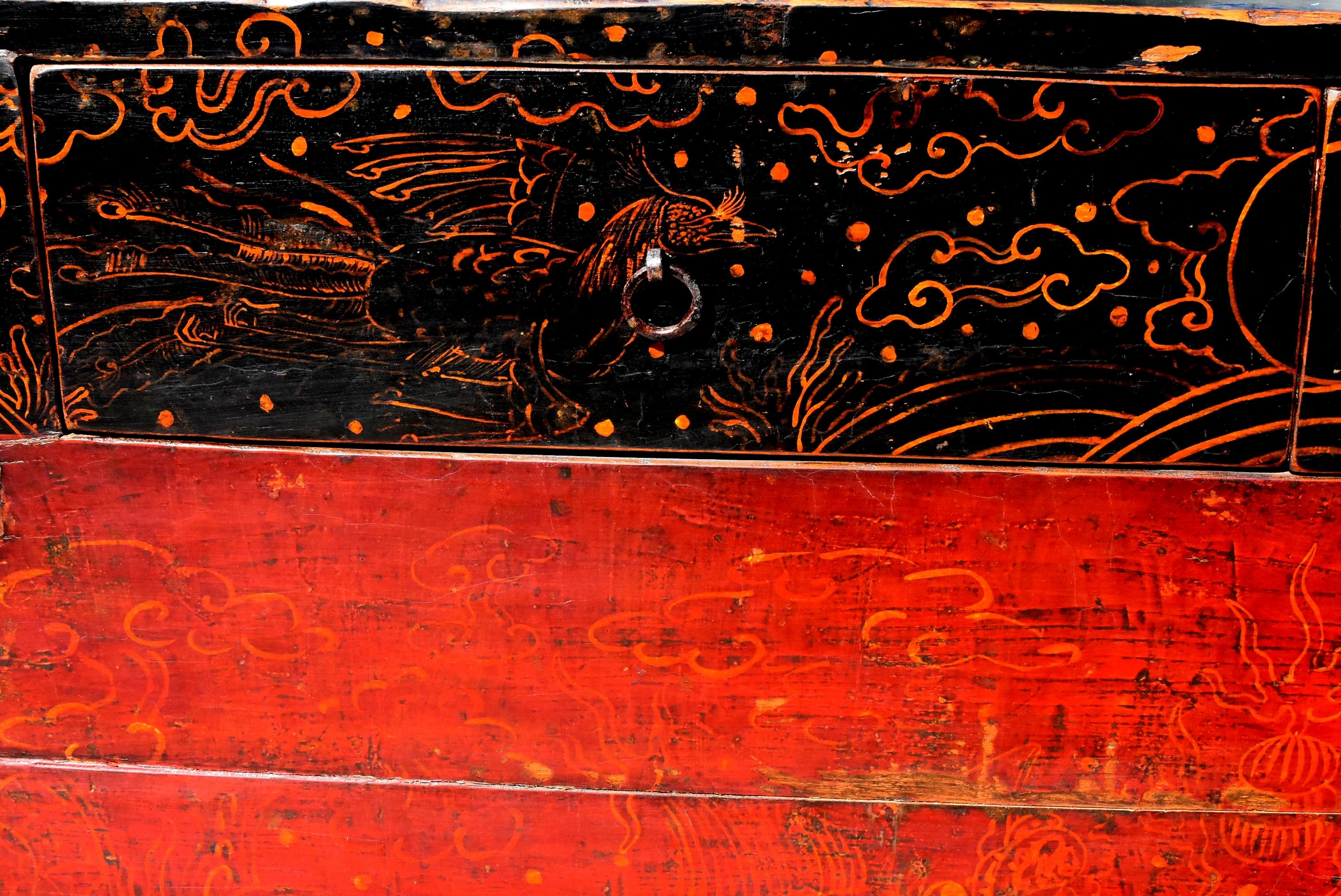 19th Century Antique Mongolian Table Chest with 2 Drawers, Hand Painted Dragons and Phoenixes