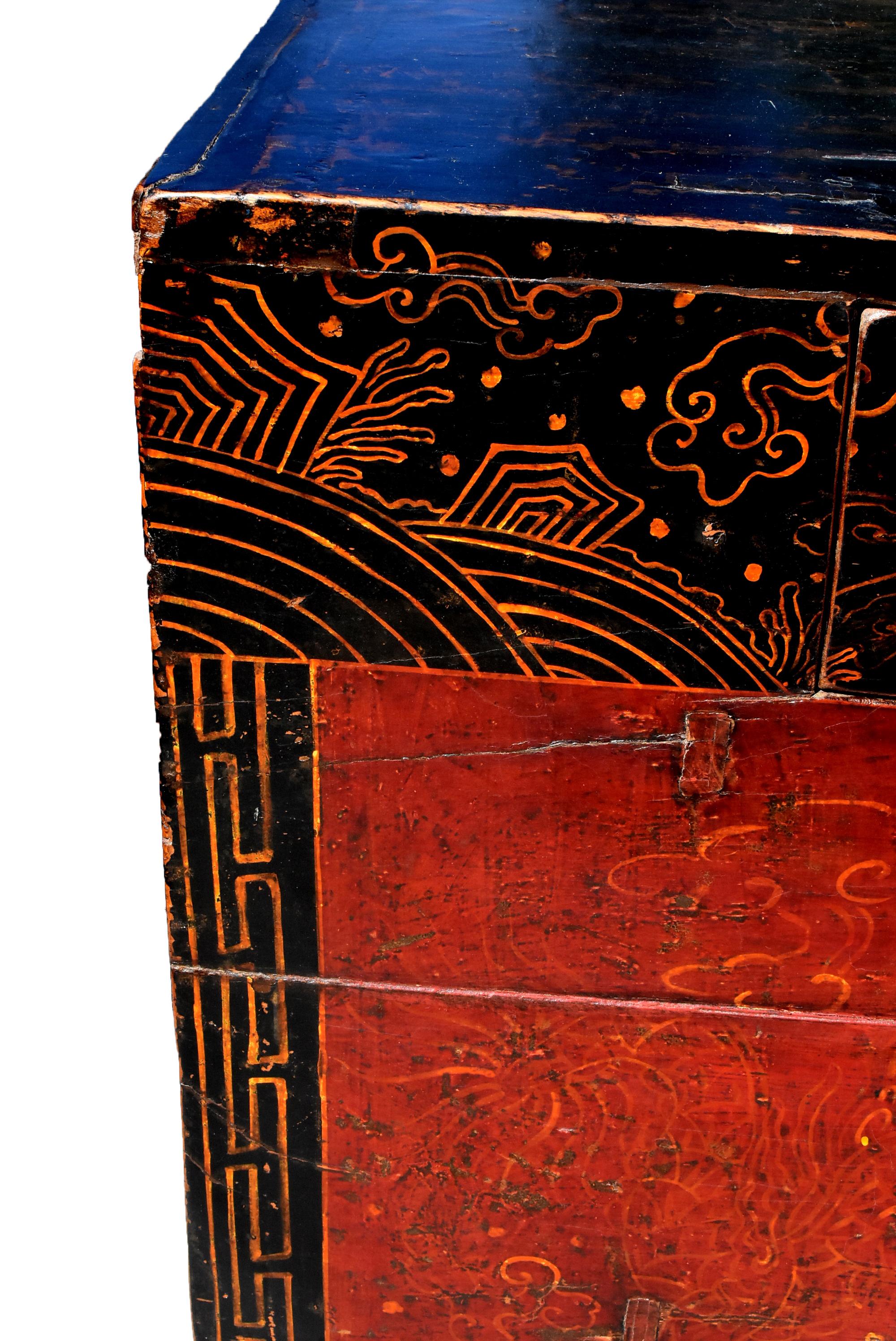 Antique Mongolian Table Chest with 2 Drawers, Hand Painted Dragons and Phoenixes 1