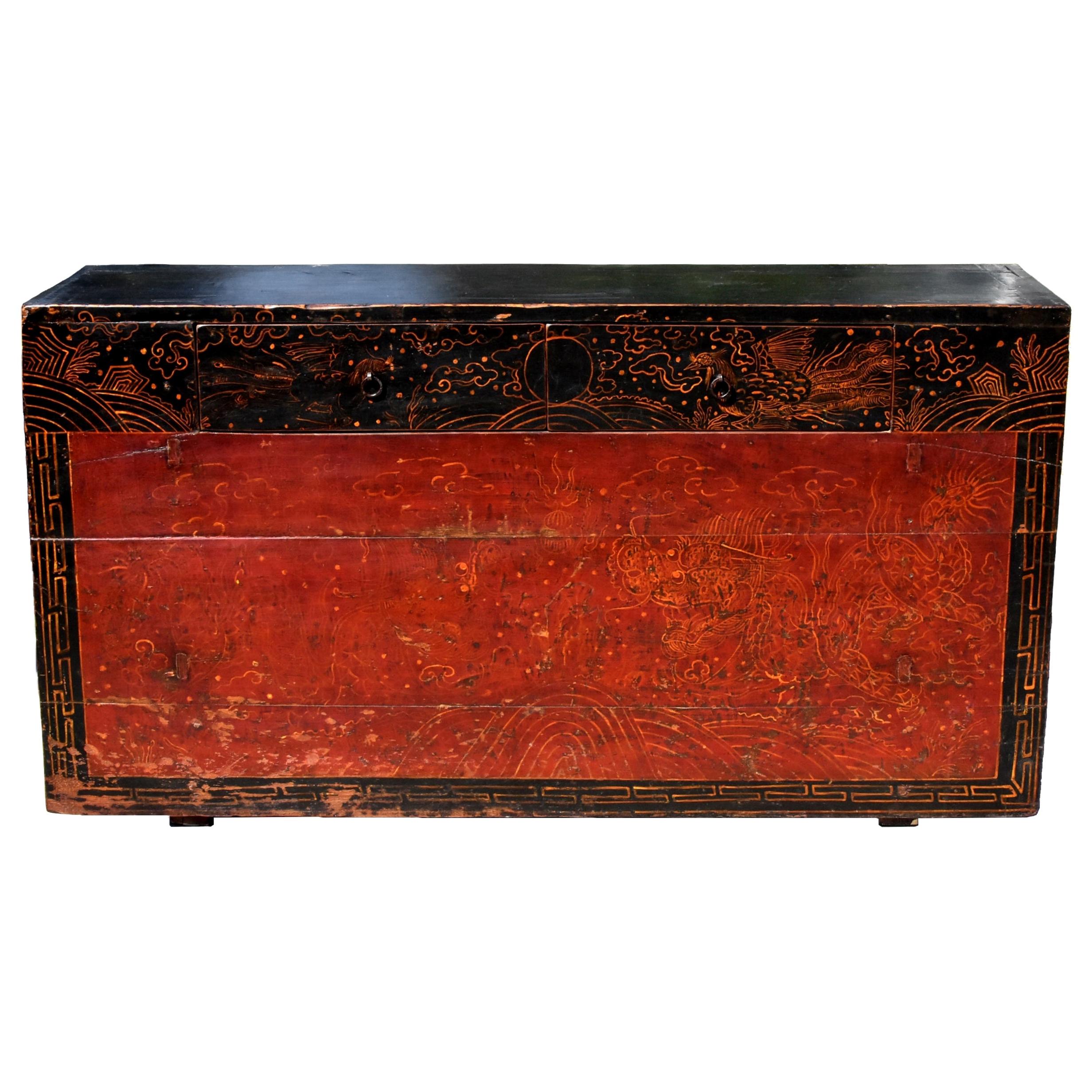 Antique Mongolian Table Chest with 2 Drawers, Hand Painted Dragons and Phoenixes