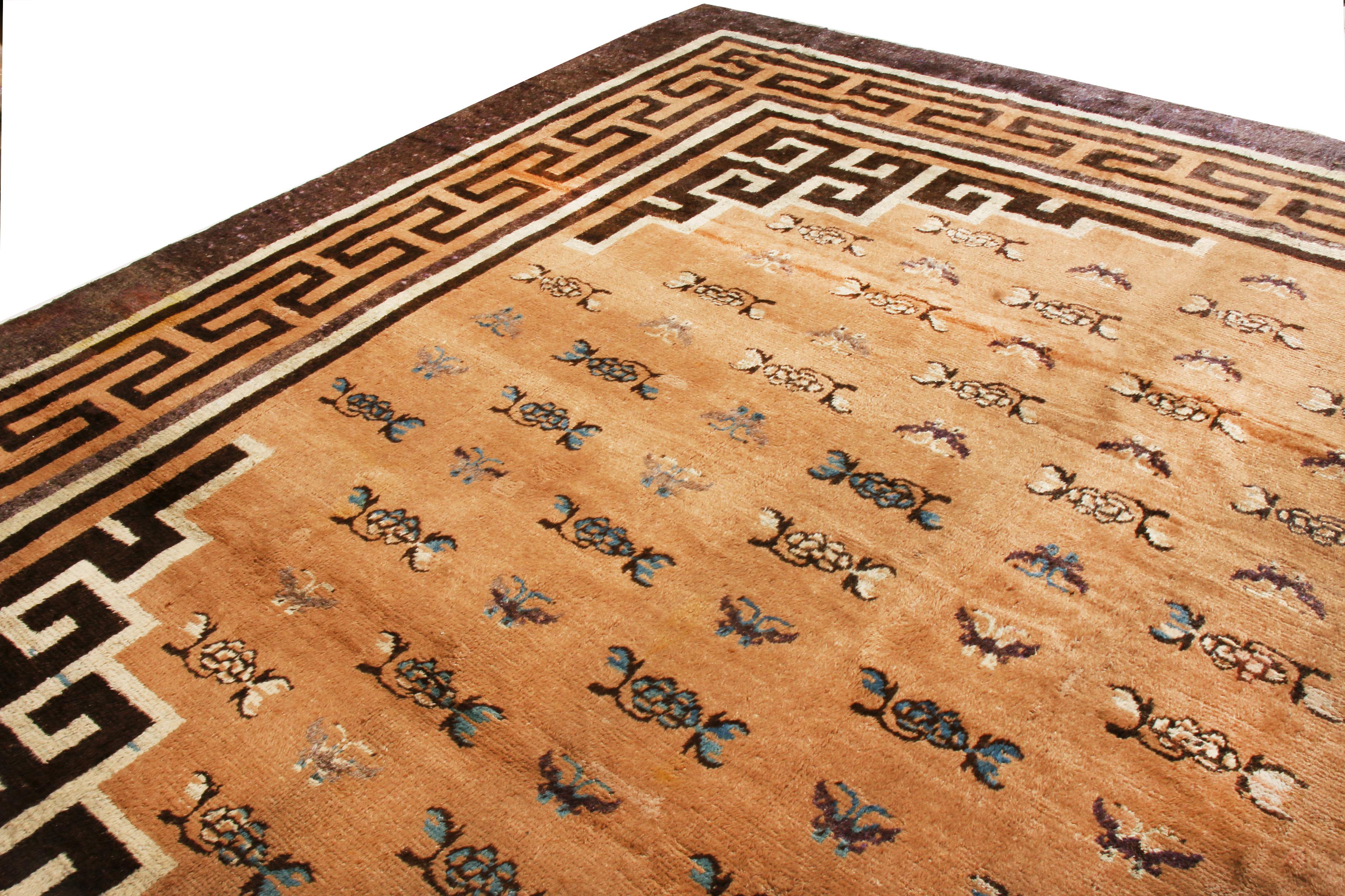This antique transitional Mongolian wool rug has an all-over floral design with unique Chinese inspiration. From 1860-1870, the inner border features black, meandering right-angle characters, archaic Chinese symbols commonly seen in other oriental
