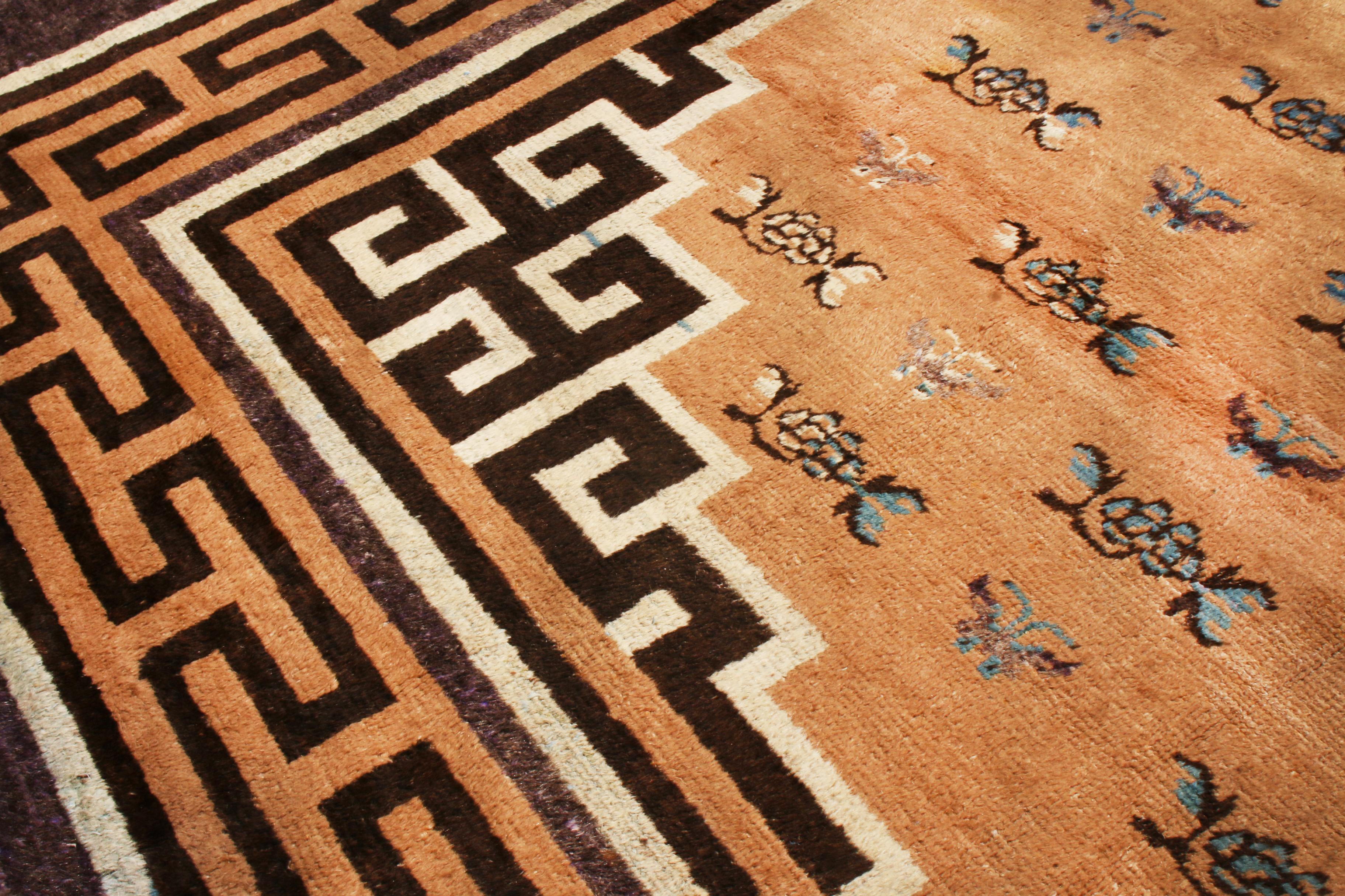 Hand-Knotted Antique Mongolian Transitional Copper Brown and Purple Wool Rug