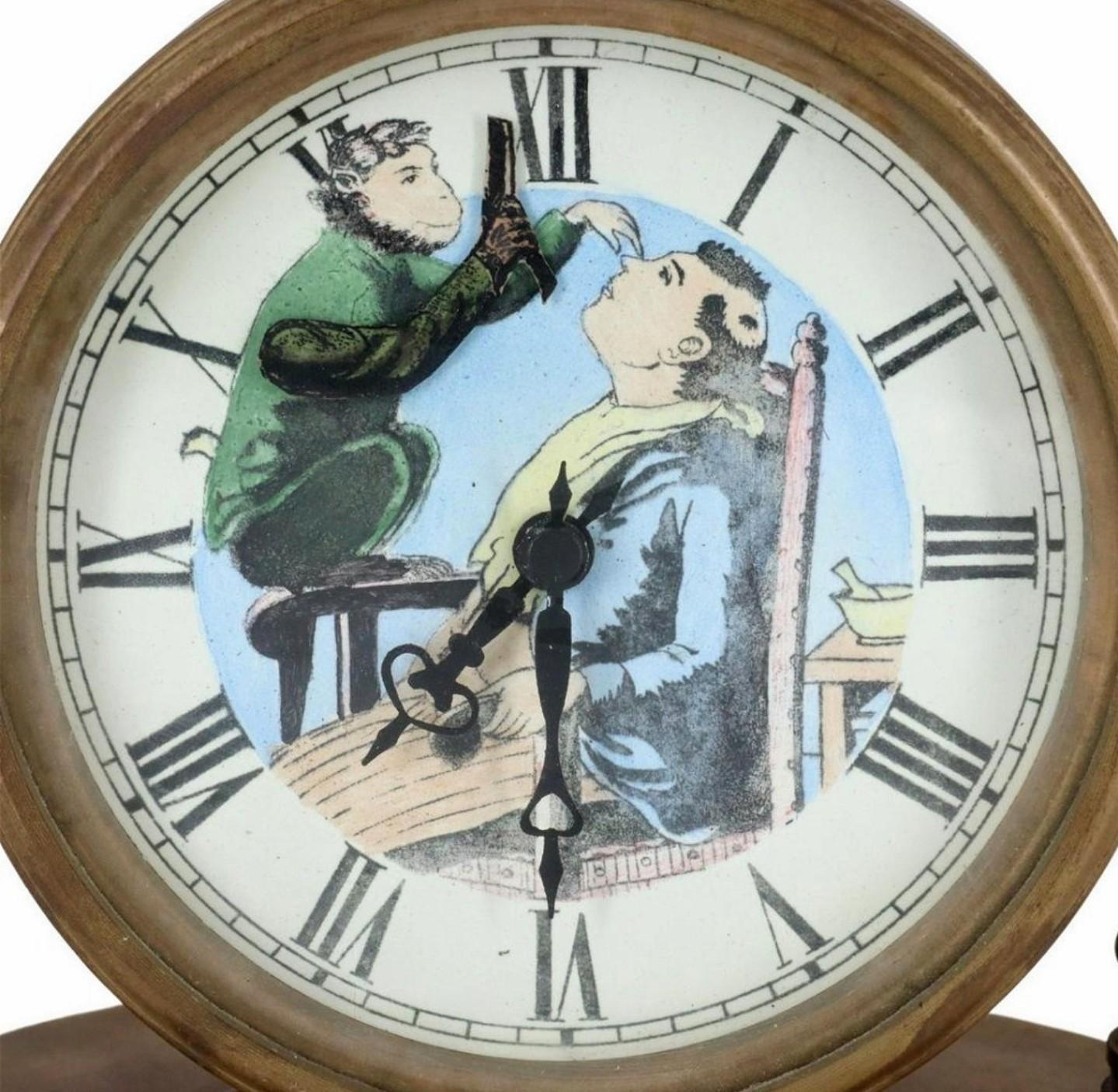 Art Nouveau Antique Monkey Barber Animated Brass-Cased Novelty Clock  For Sale