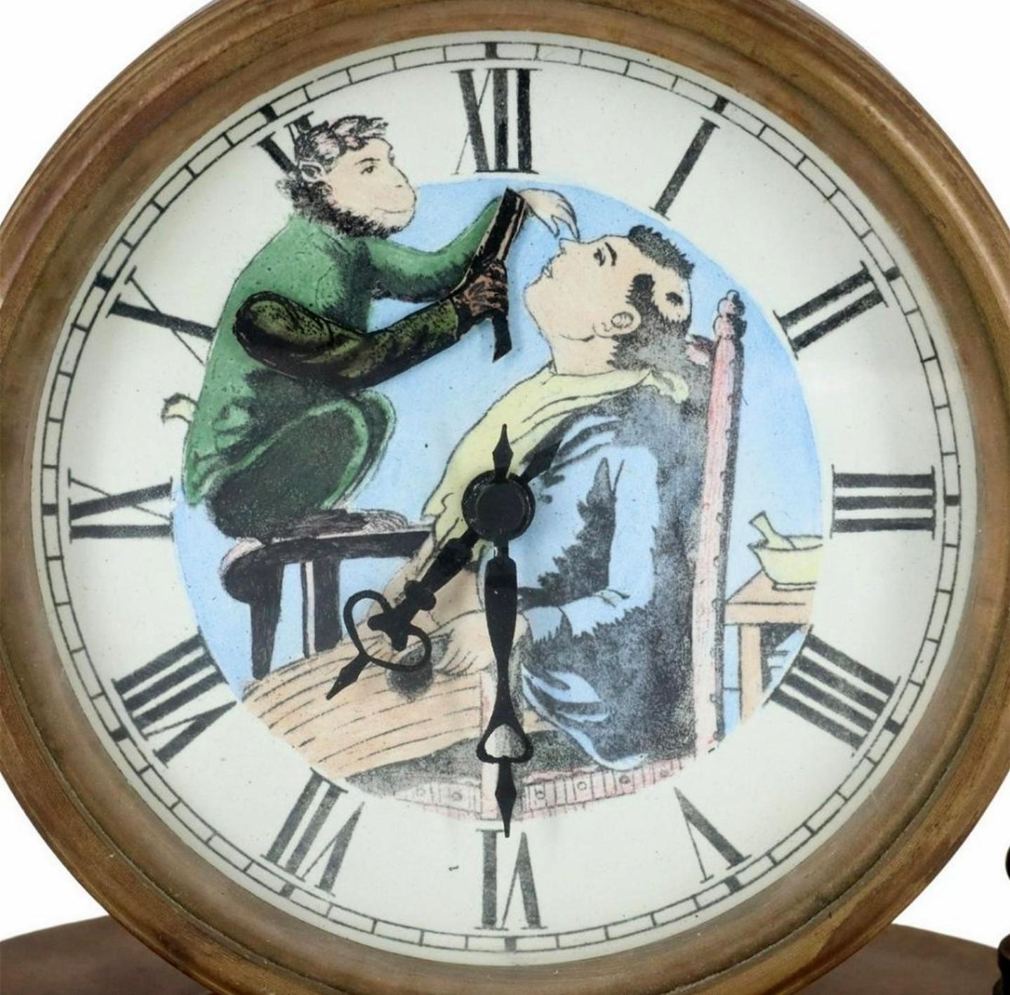 Antique Monkey Barber Animated Brass-Cased Novelty Clock  In Good Condition For Sale In Forney, TX