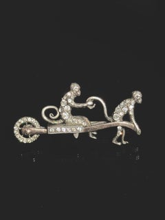 Antique Monkey Brooch Pendant Paste Stones Victorian Silver