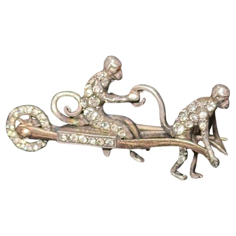 Antique Monkey Brooch Pendant Paste Stones Victorian Silver