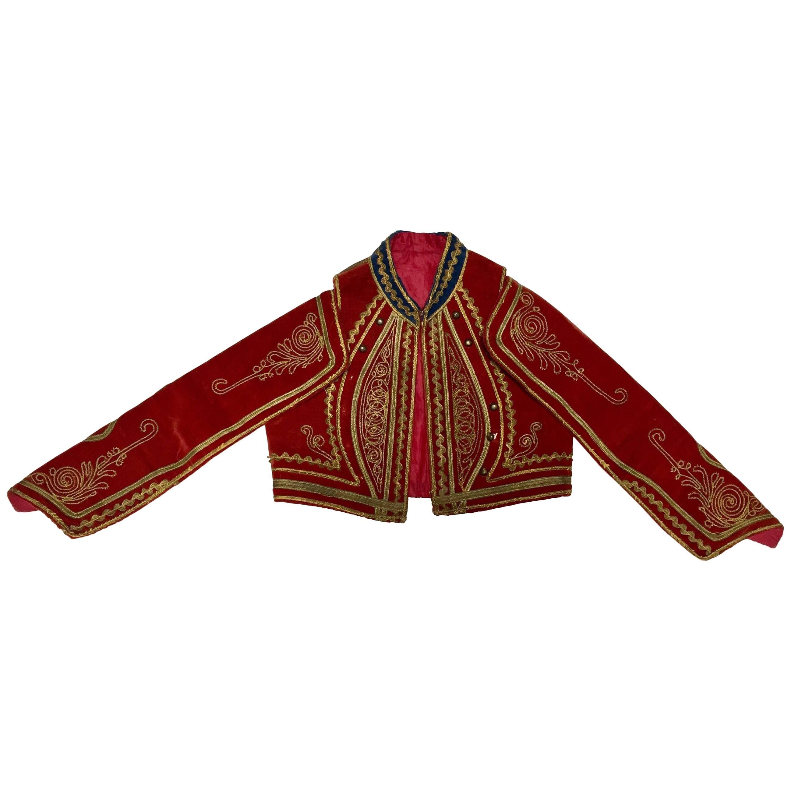 Antique Red Velvet Efe Zeybek Jacket Turkish Vest with Gold Embroidery For Sale