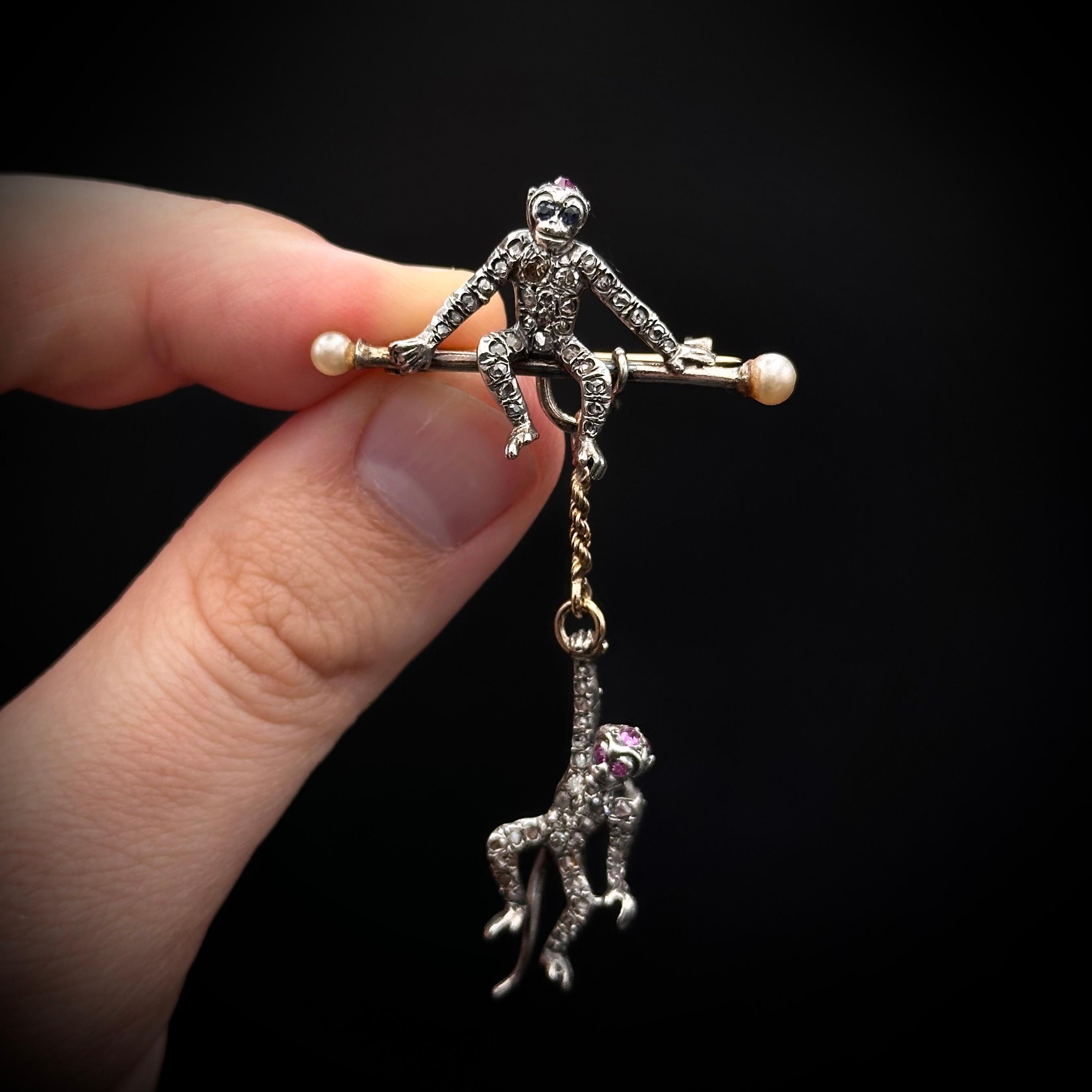 Antique Monkeys Diamond Natural Pearl Ruby Sapphire Brooch Silver Gold French For Sale 5